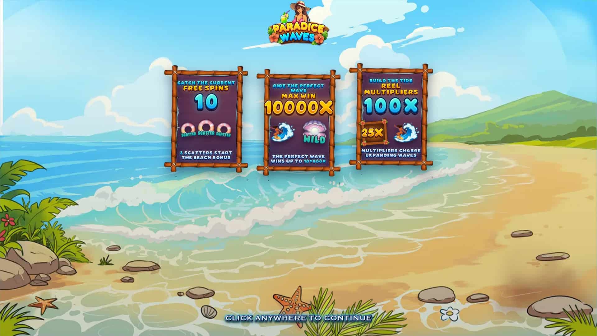 Paradice Waves slot intro screen