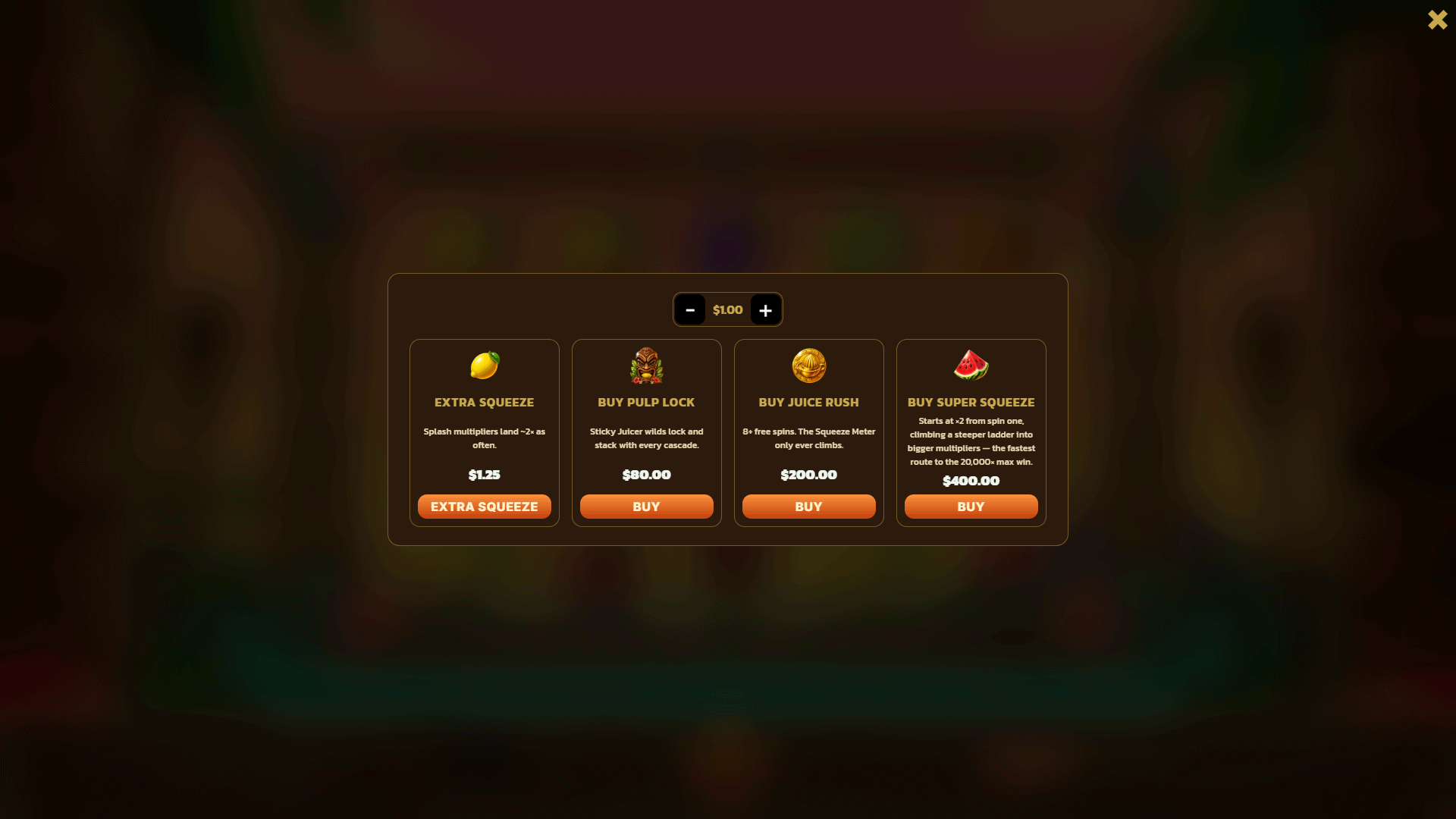 Big Squeeze bonus buy menu