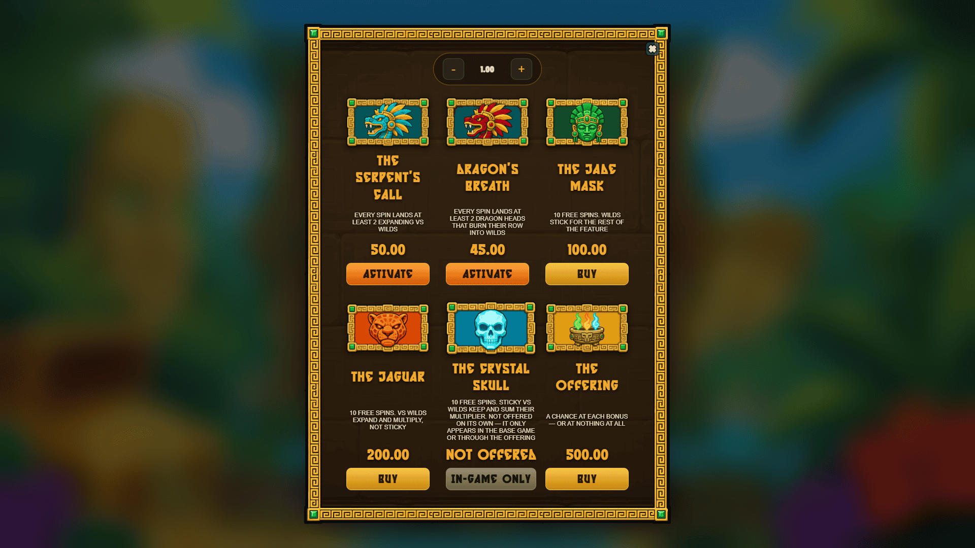 Aztec Treasure Secrets bonus buy menu