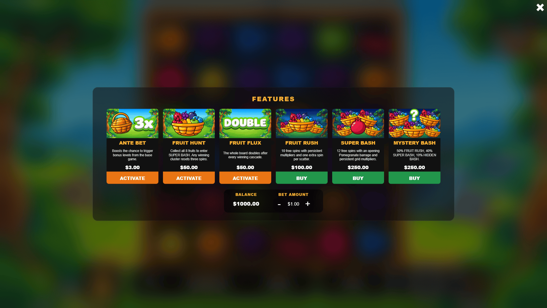 Fruit Bash bonus buy menu