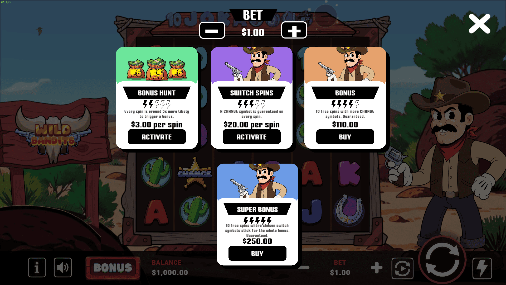 Wild Bandits bonus buy menu