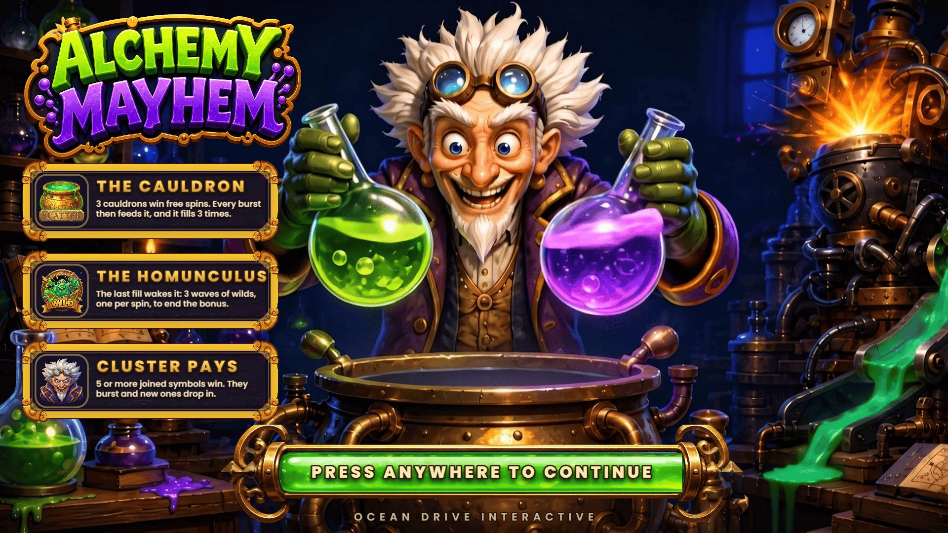 Alchemy Mayhem slot intro screen