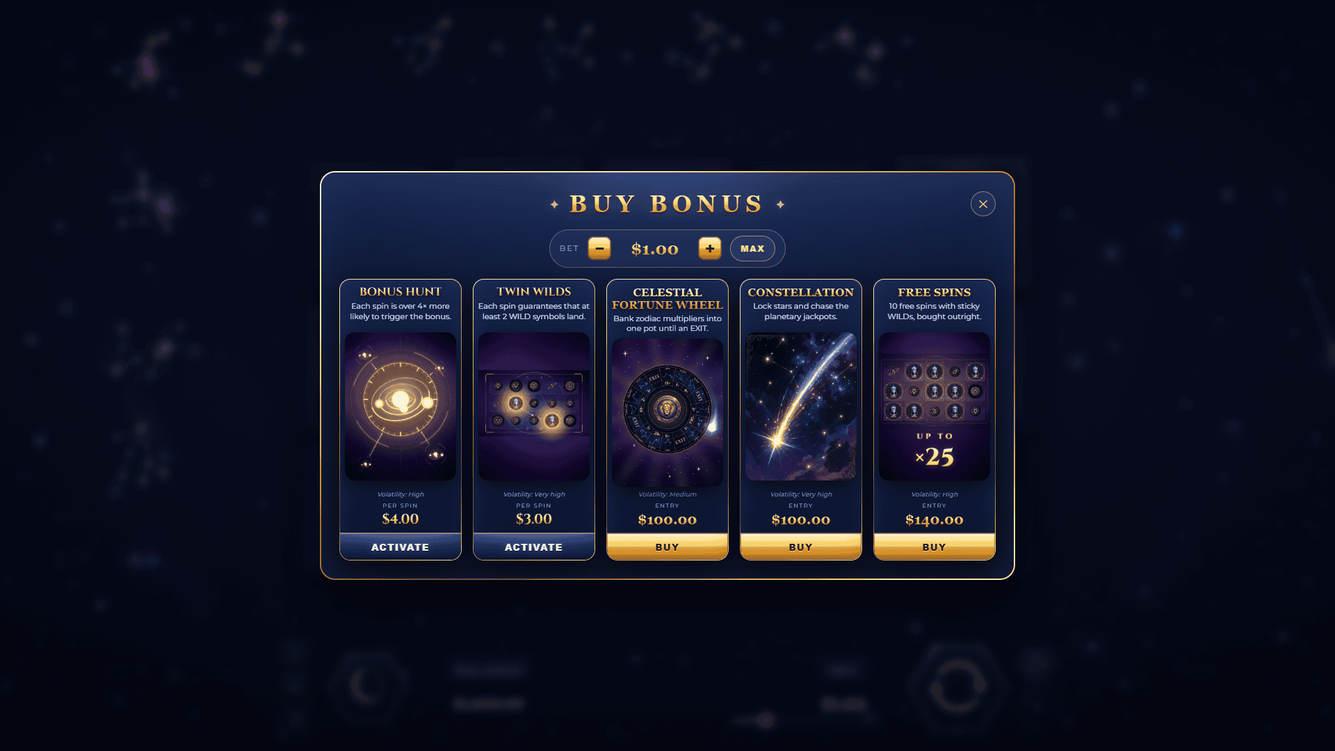 Zodiac Fortune bonus buy menu