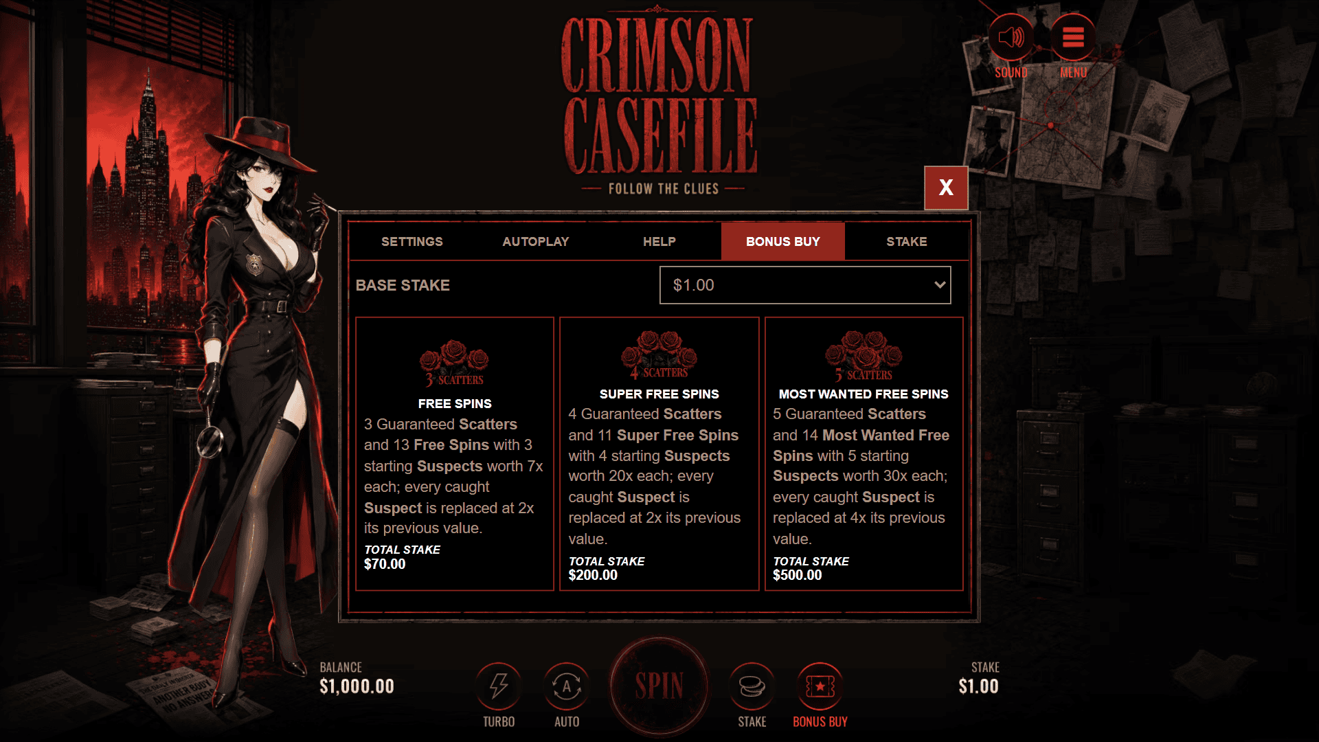 Crimson Casefile bonus buy menu