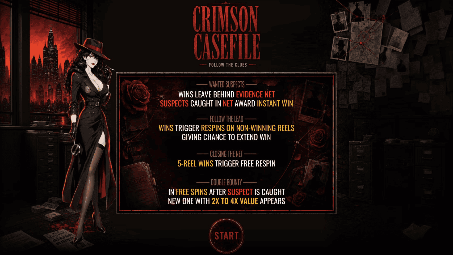 Crimson Casefile slot intro screen