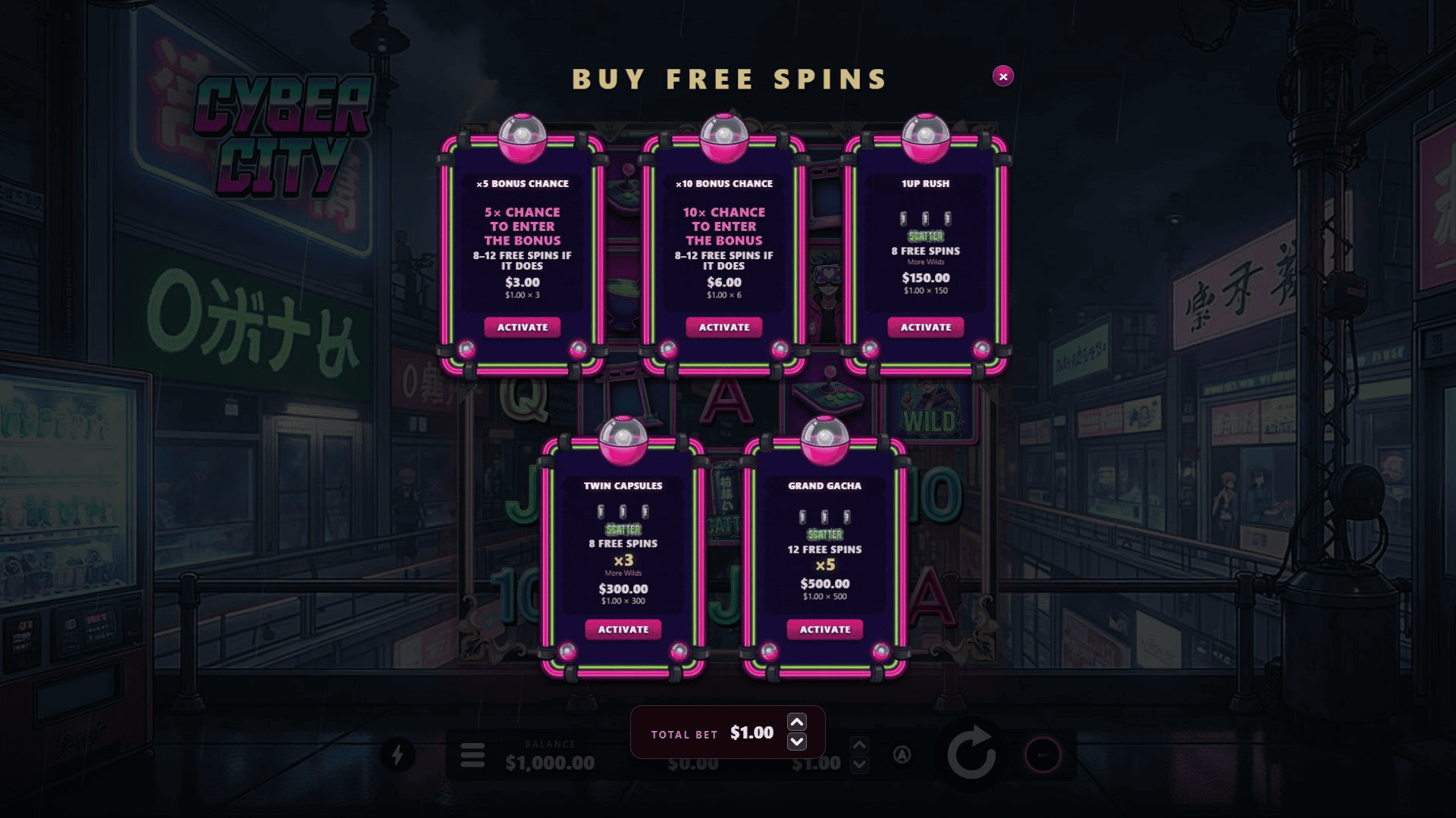 Cyber City bonus buy menu