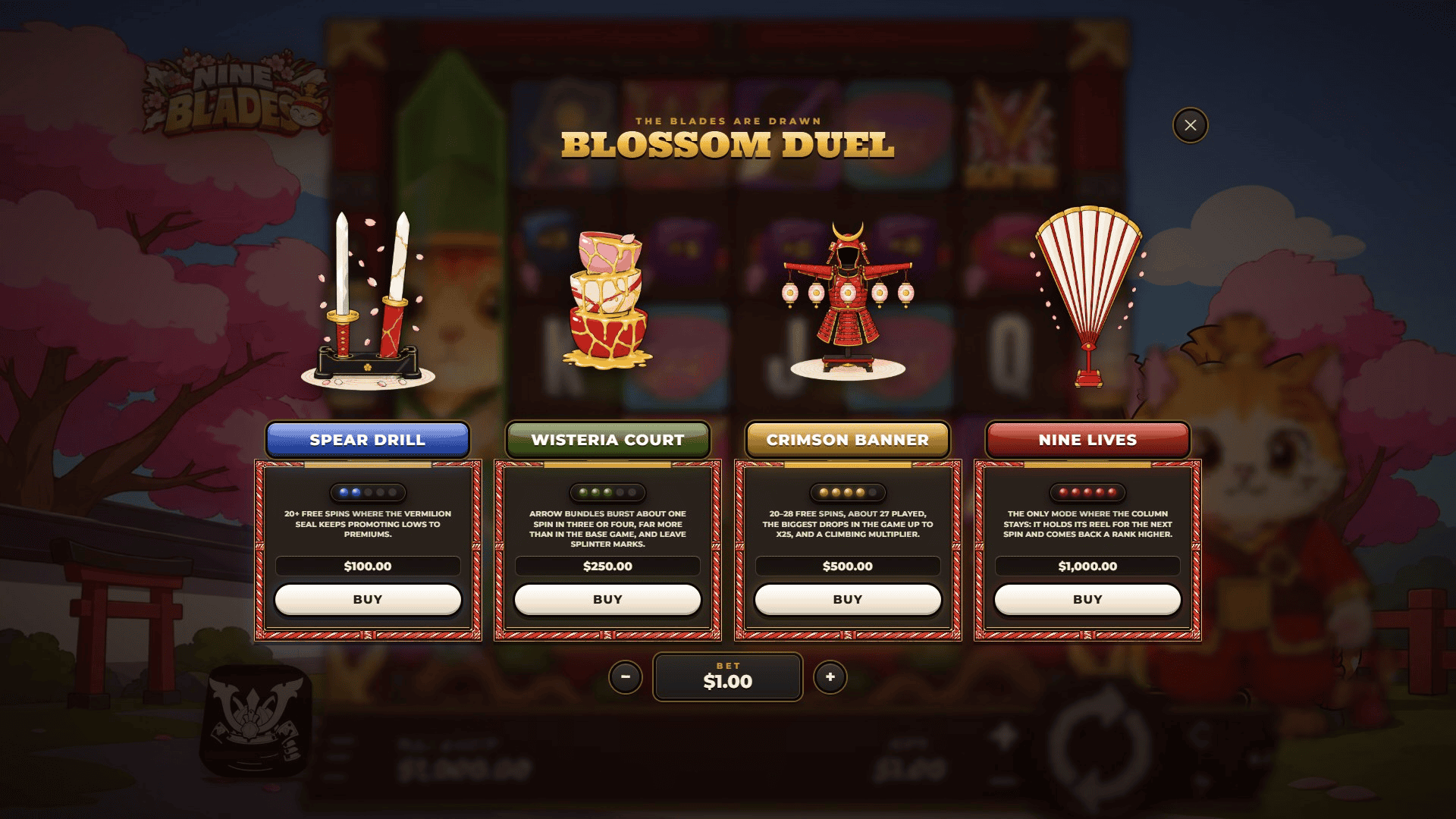 Nine Blades bonus buy menu