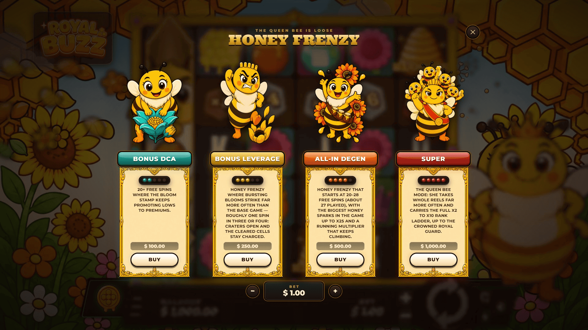 Royal Buzz bonus buy menu