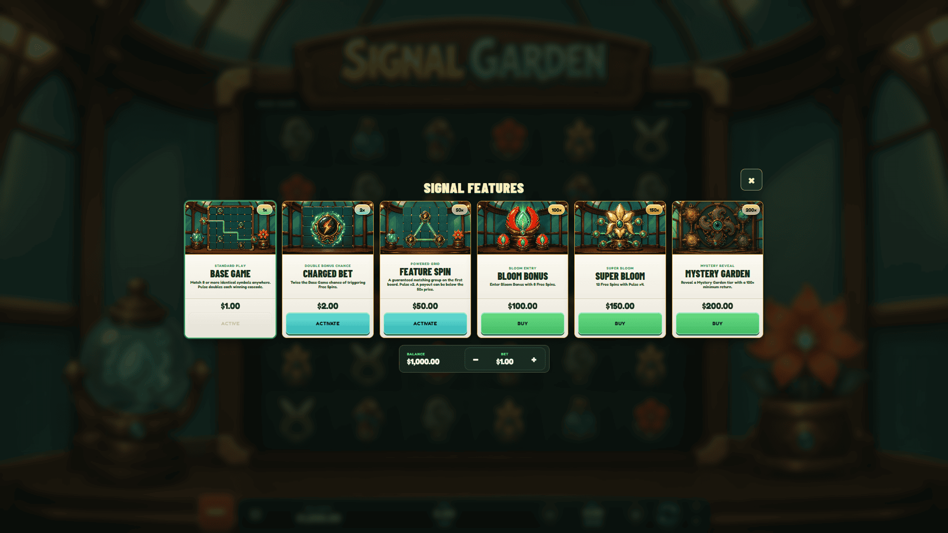Signal Garden bonus buy menu