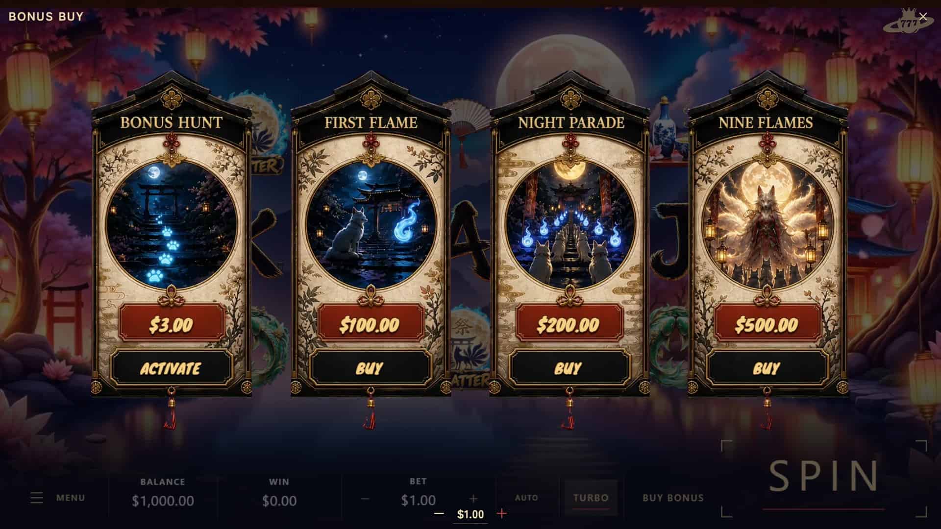 Kitsune: The Nine Flames bonus buy menu