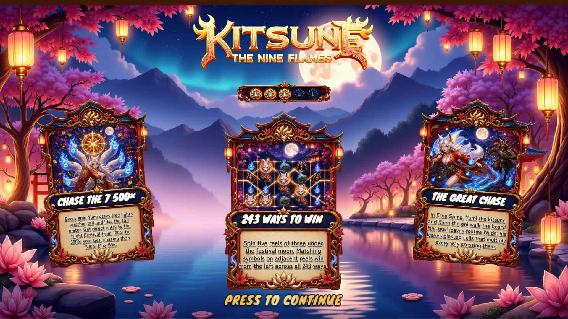 Kitsune: The Nine Flames slot intro screen