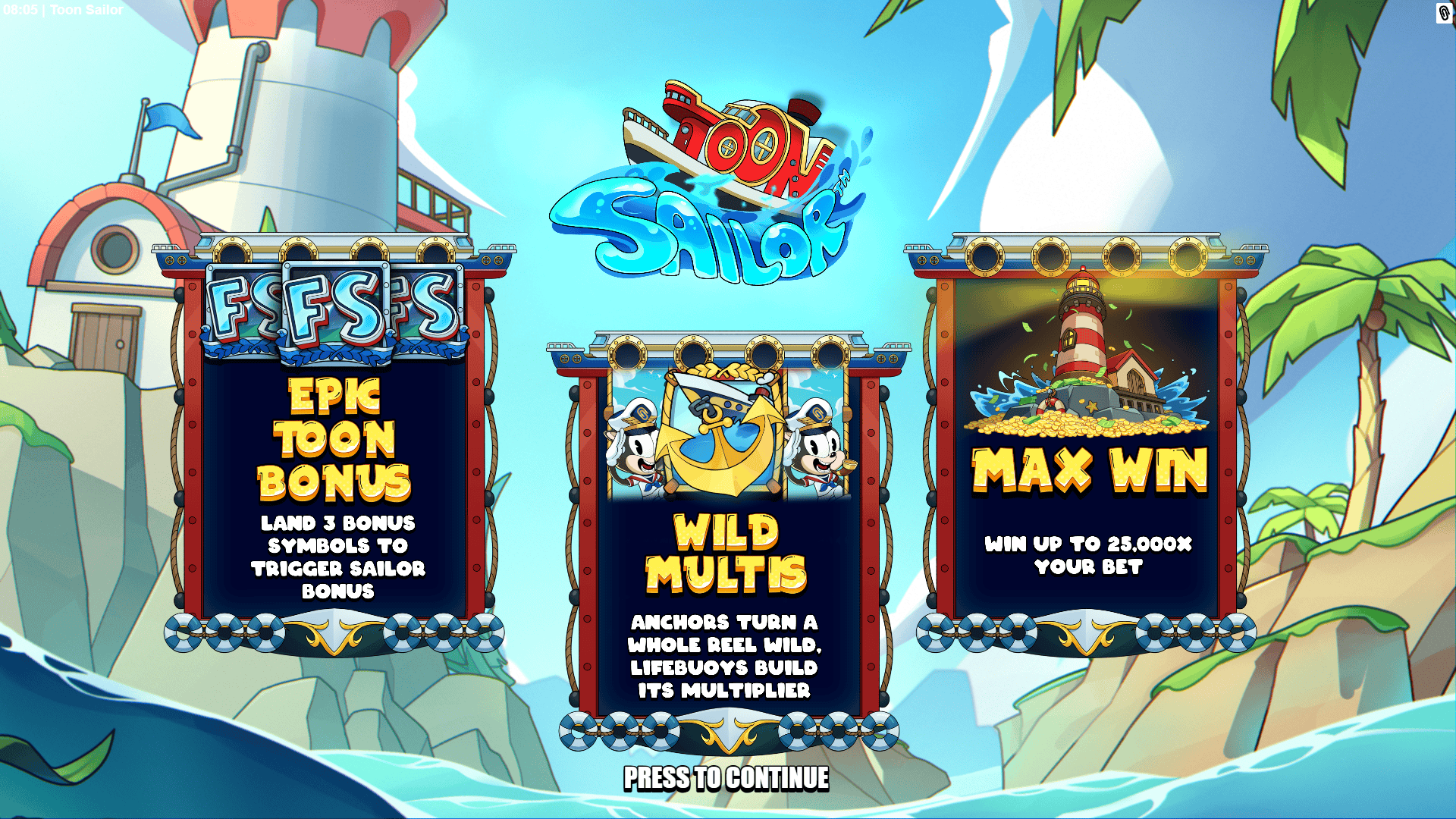 Toon Sailor slot intro screen