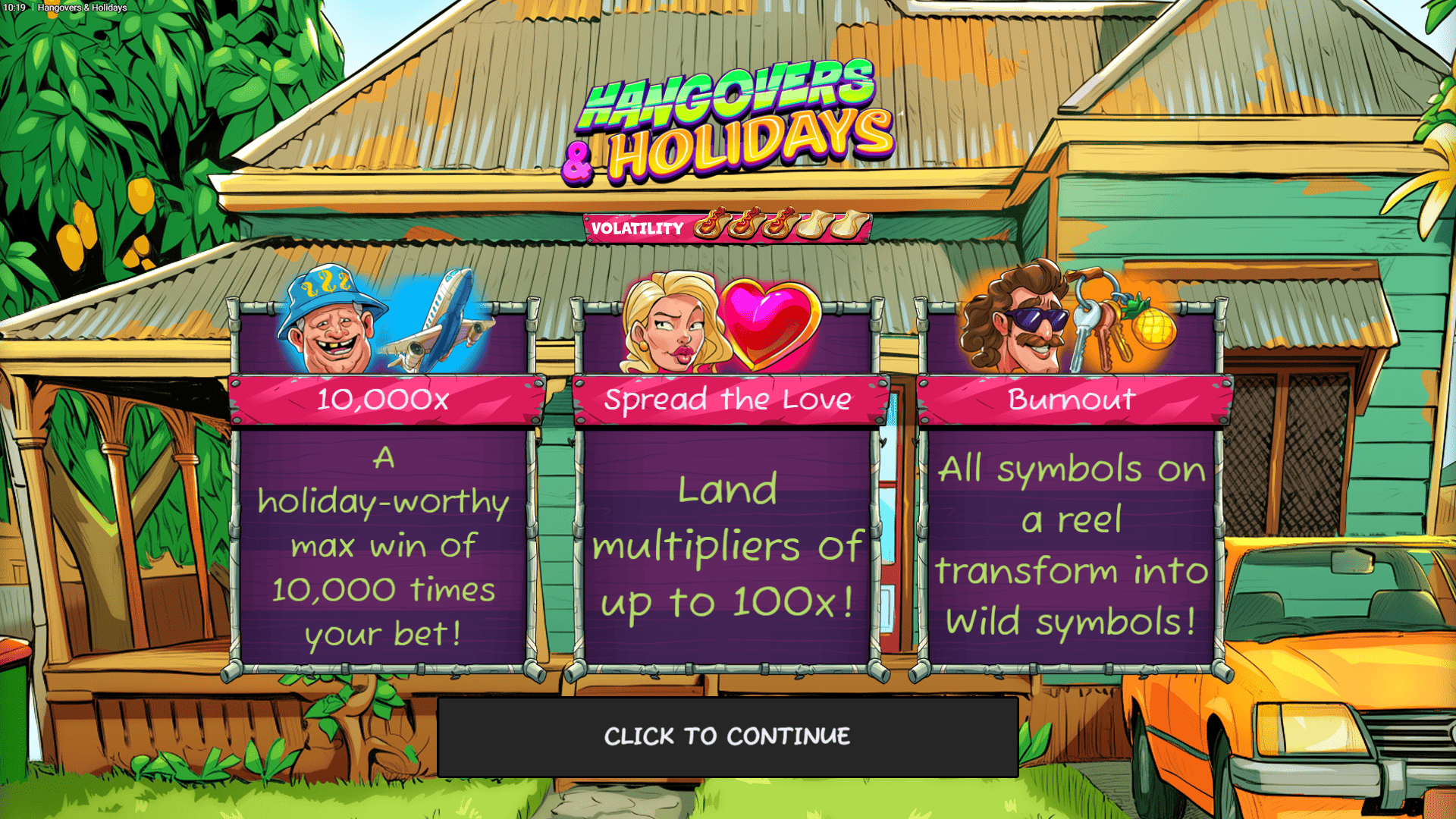 Hangovers & Holidays slot intro screen