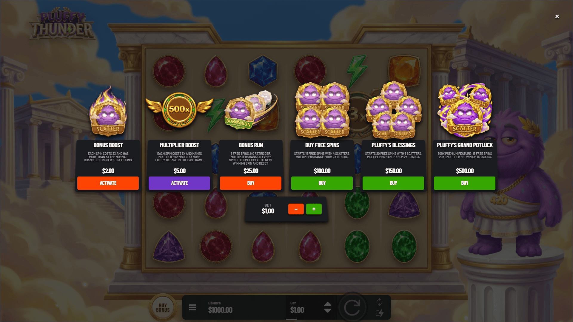 Pluffy Thunder bonus buy menu