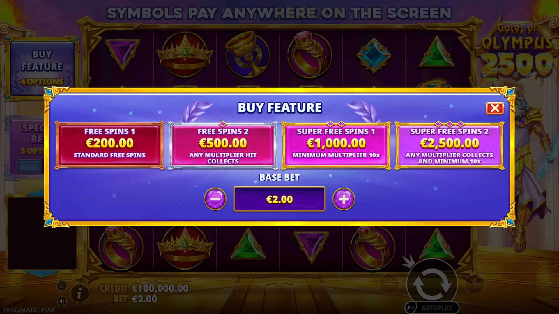 Gates of Olympus 2500 bonus buy menu