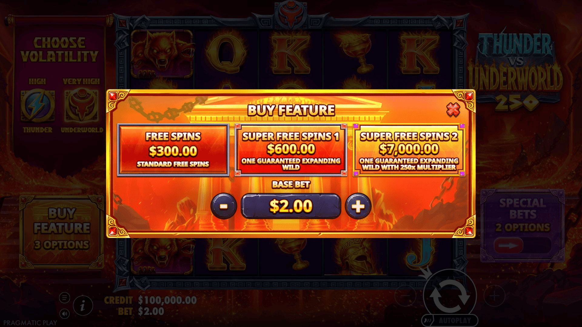 Thunder vs Underworld 250 bonus buy menu