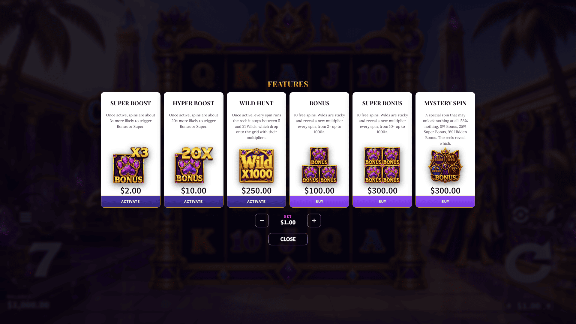 Cl&eacute;oCat bonus buy menu