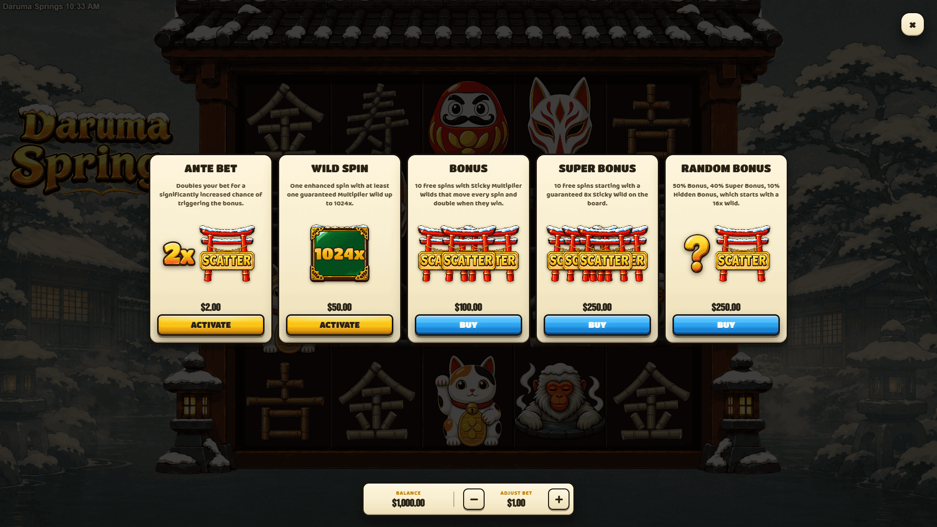 Daruma Springs bonus buy menu