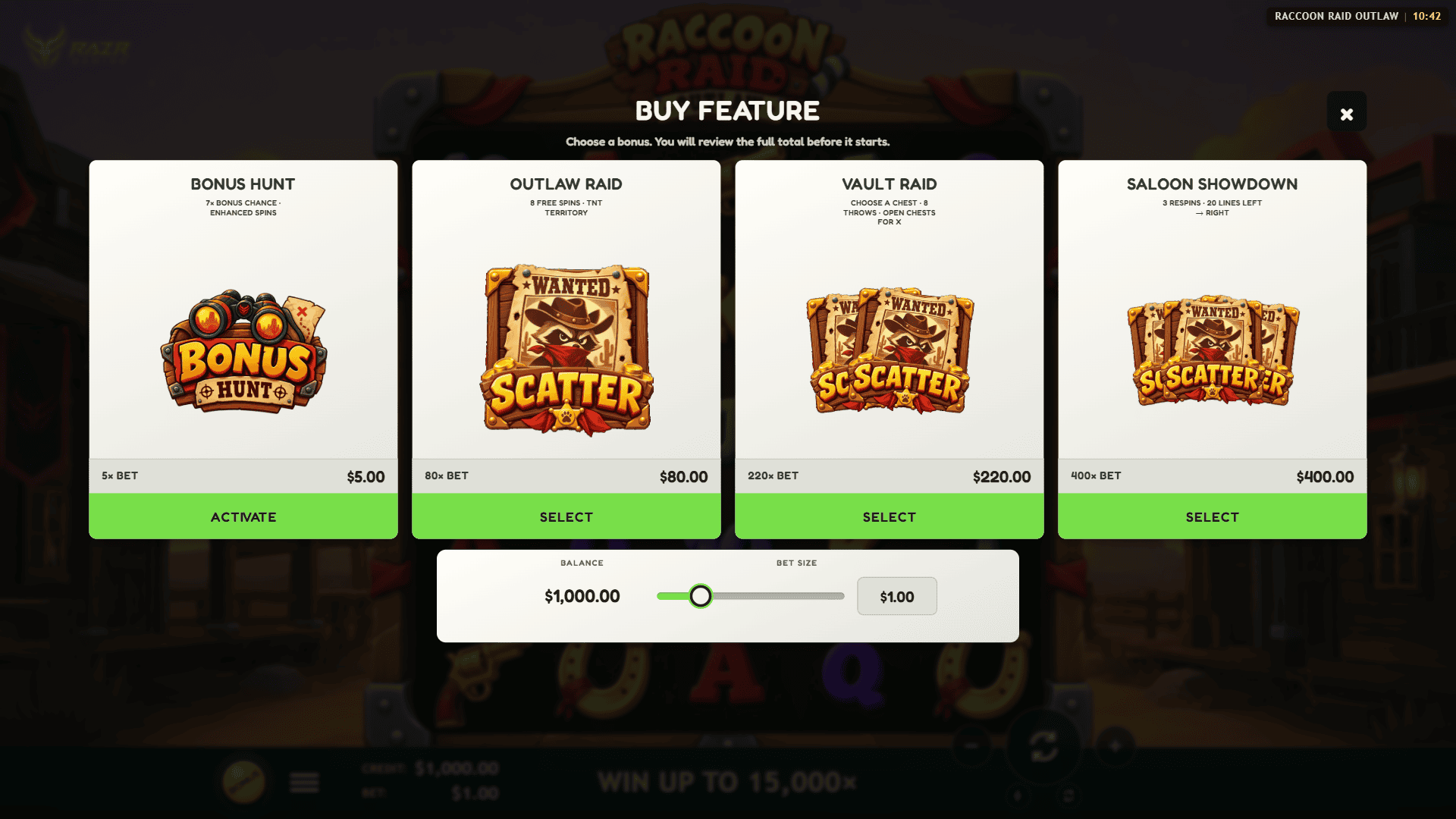 Raccoon Raid: Outlaw bonus buy menu