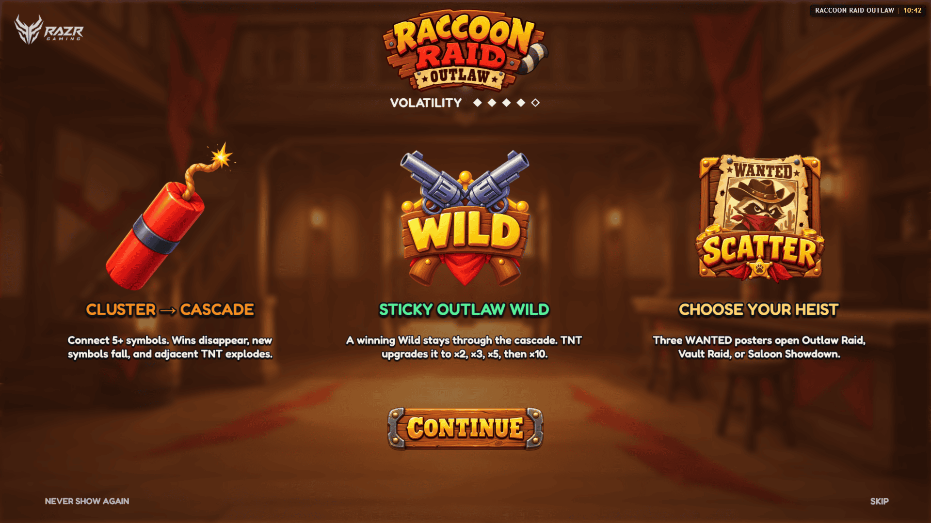 Raccoon Raid: Outlaw slot intro screen