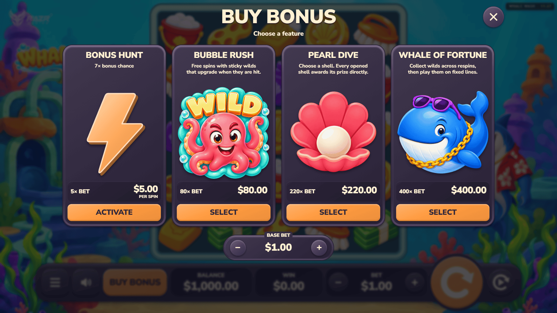 Whale Wash bonus buy menu