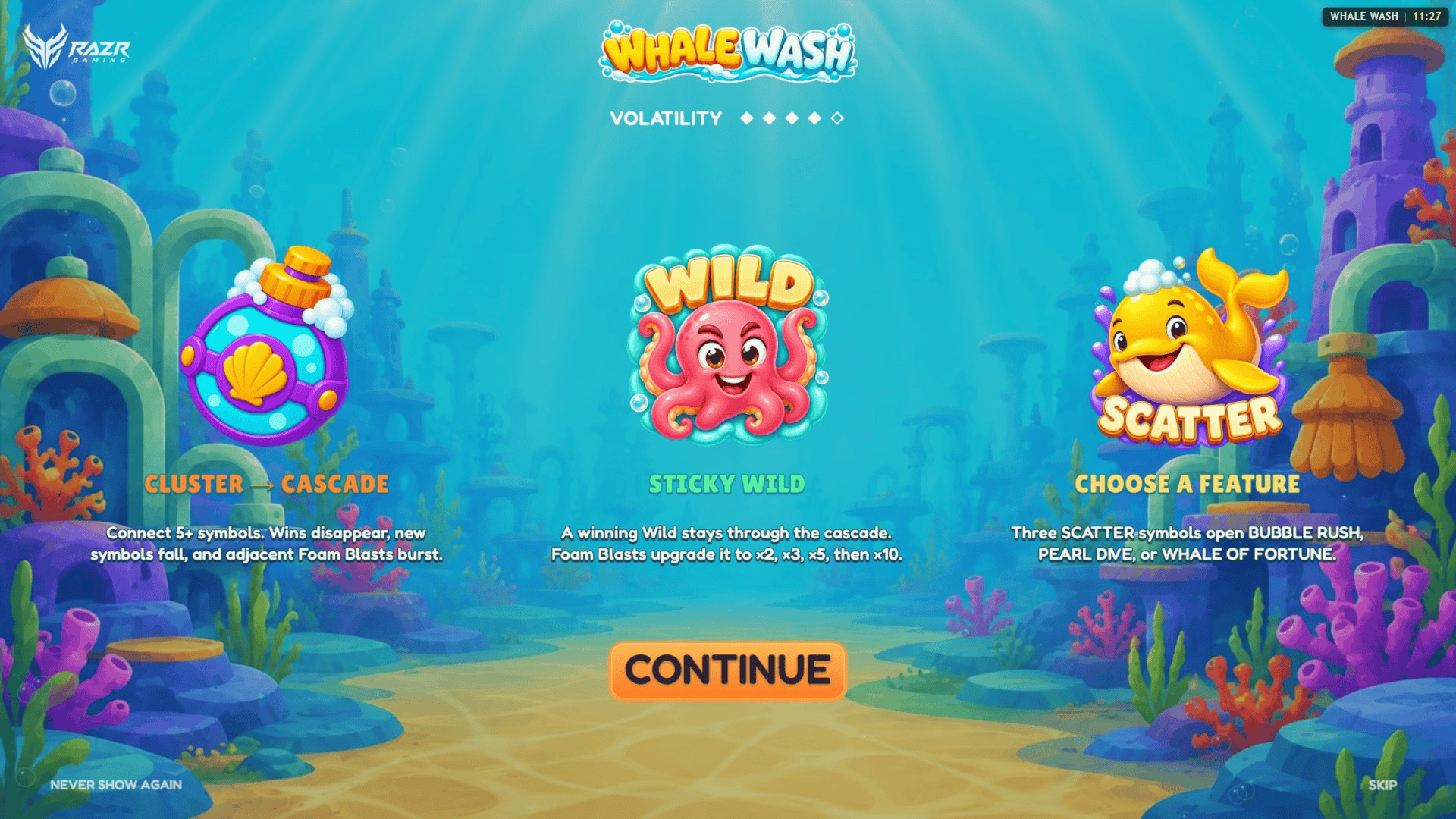 Whale Wash slot intro screen