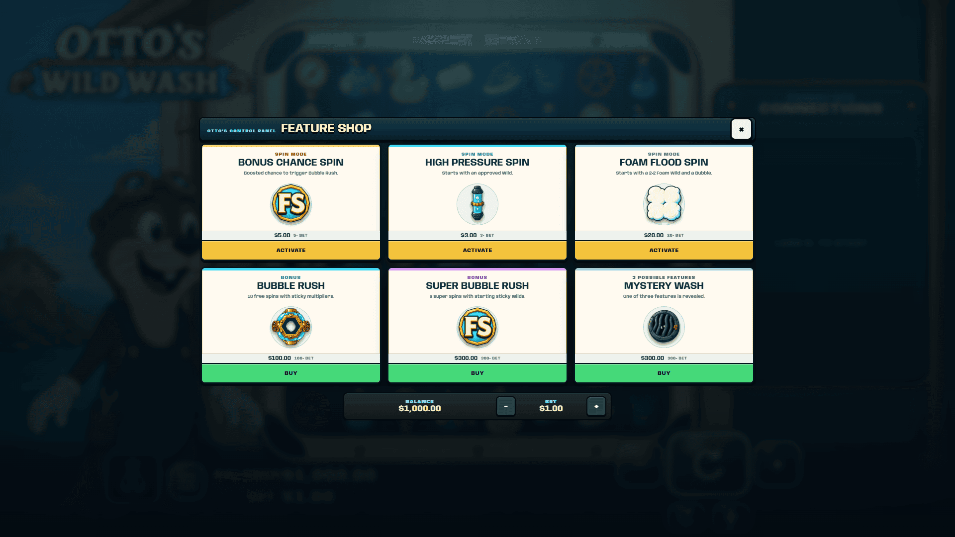 Otto's Wild Wash bonus buy menu