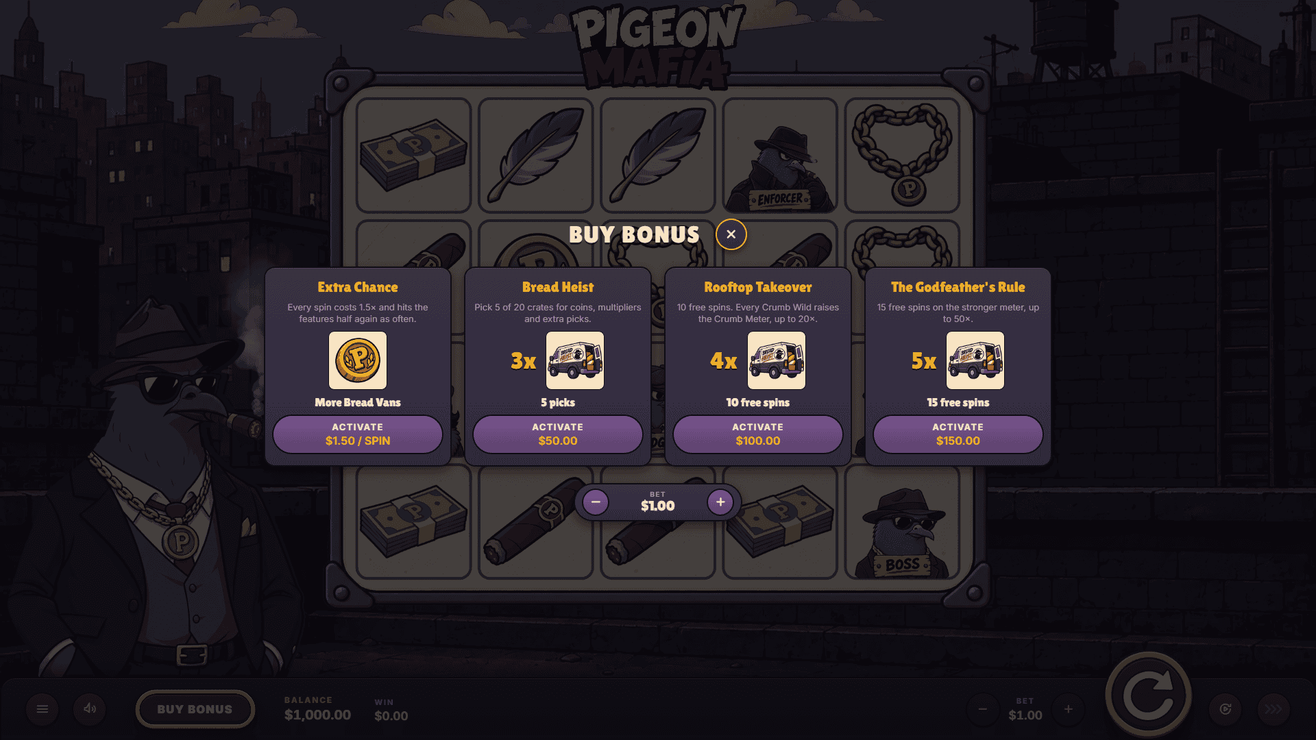Pigeon Mafia bonus buy menu