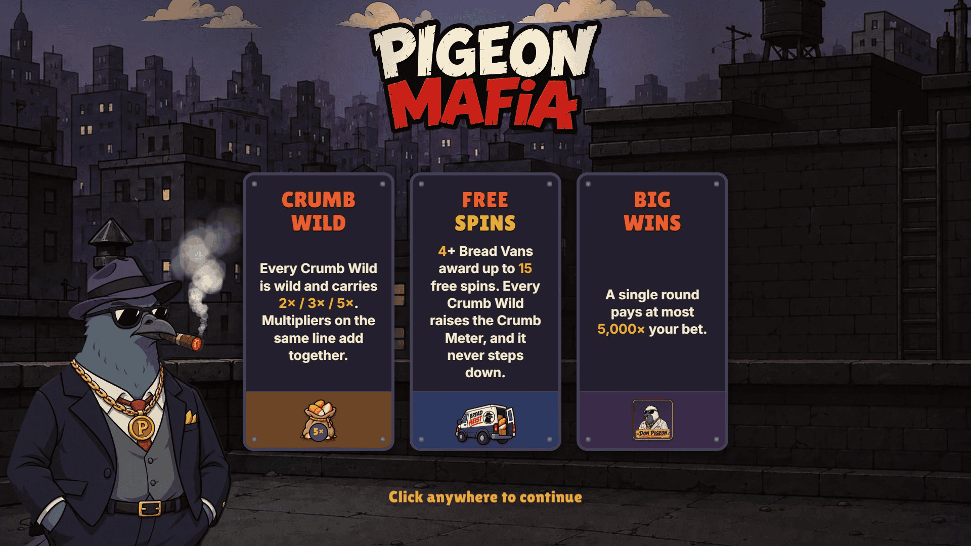 Pigeon Mafia slot intro screen