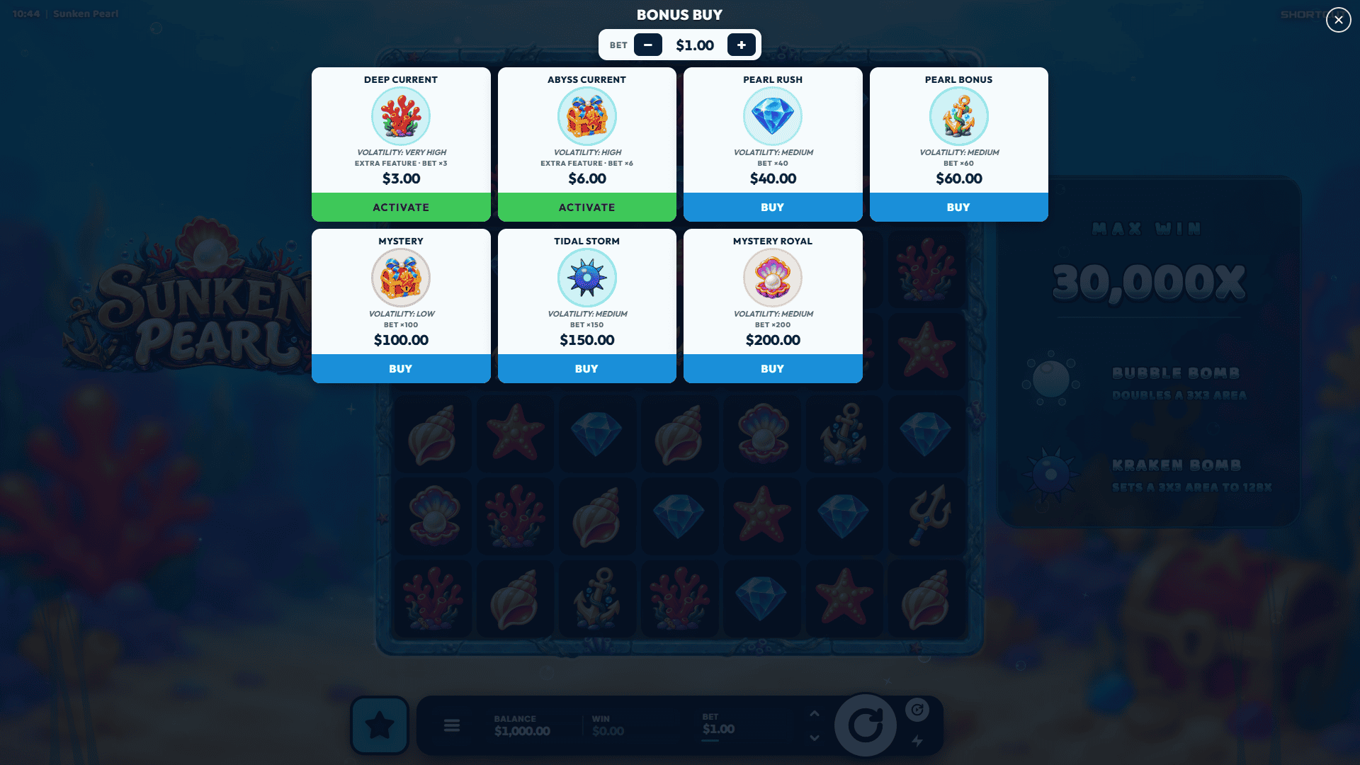 Sunken Pearl bonus buy menu