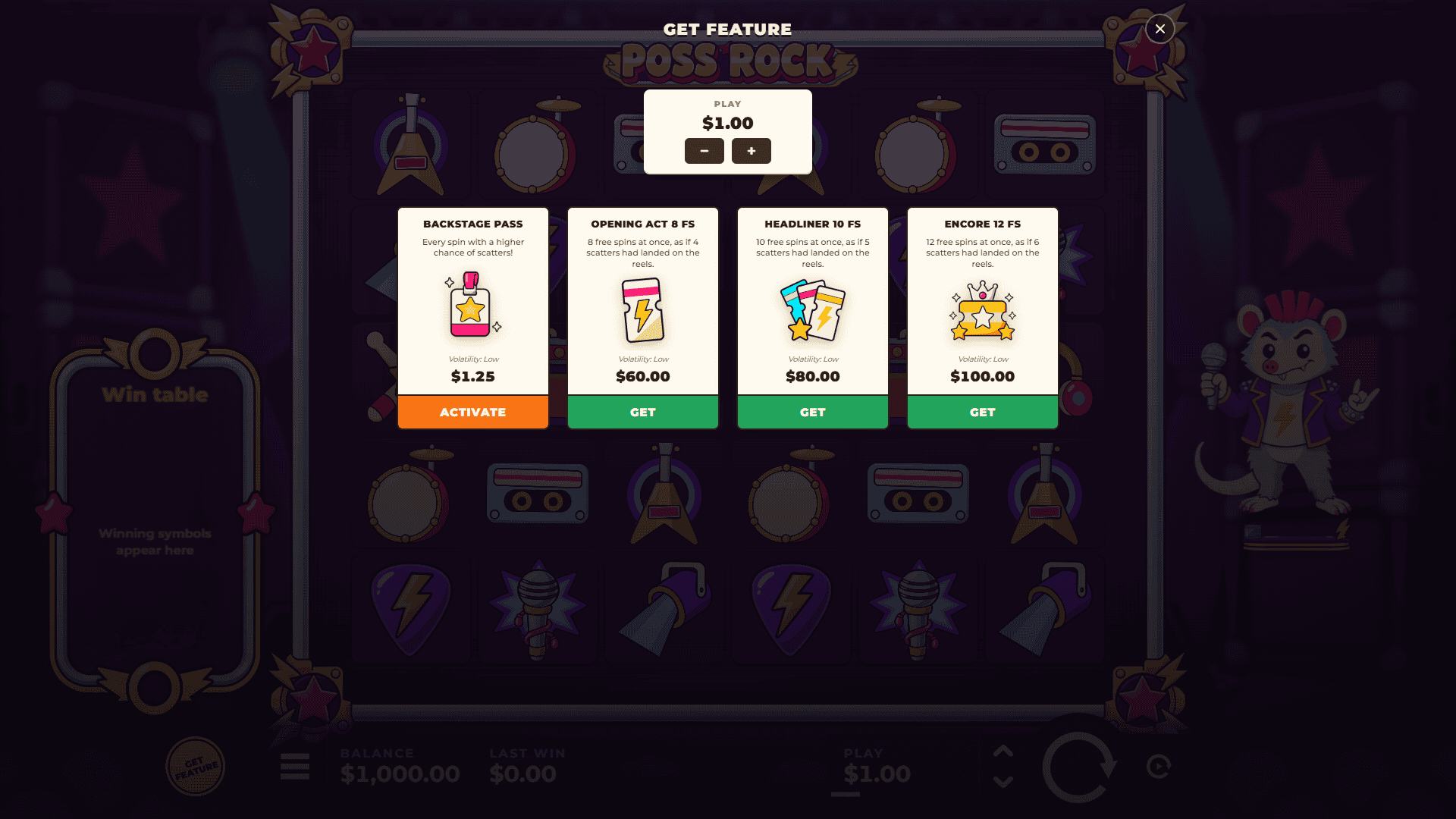 Poss Rock bonus buy menu