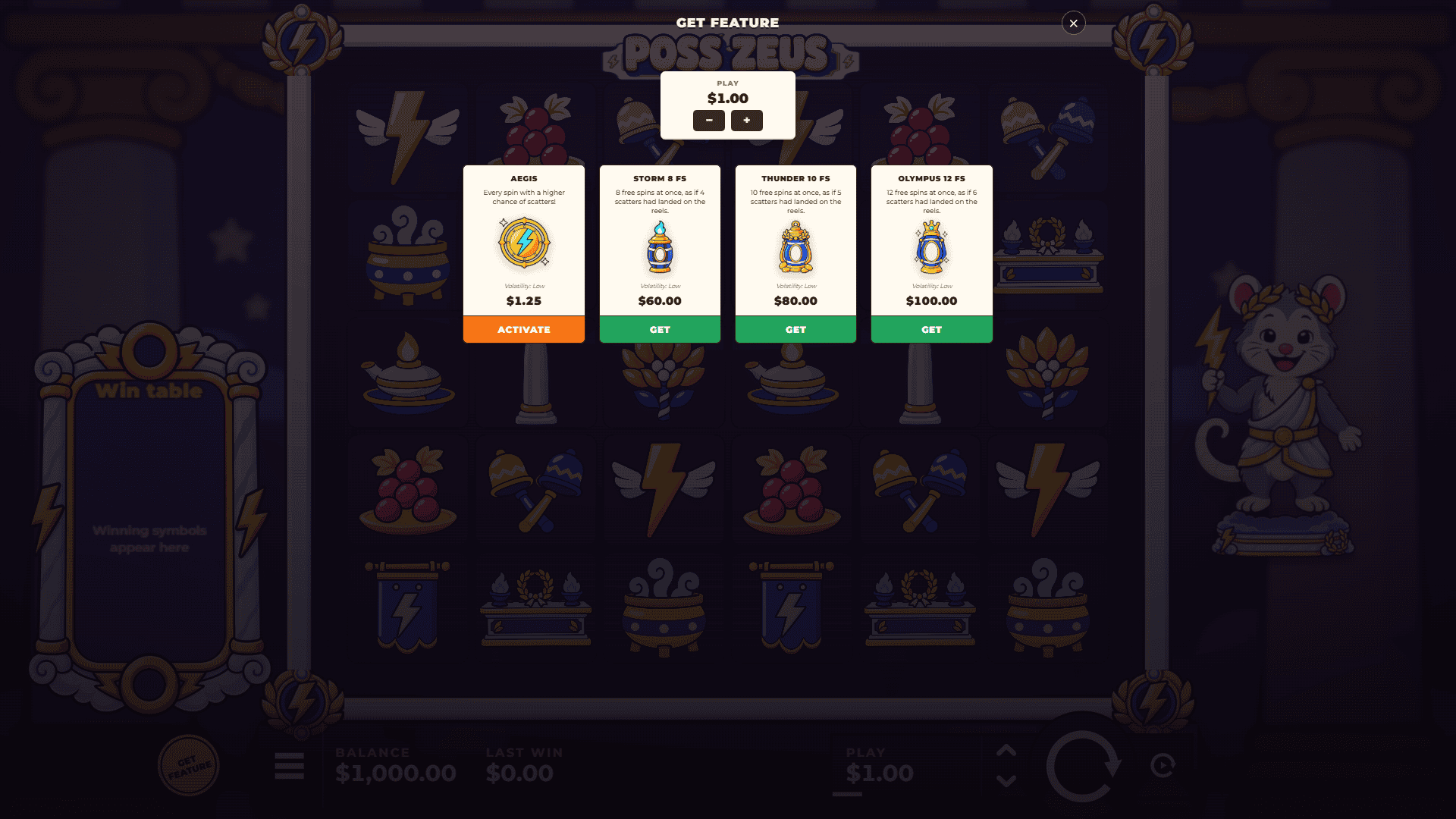 Poss Zeus bonus buy menu