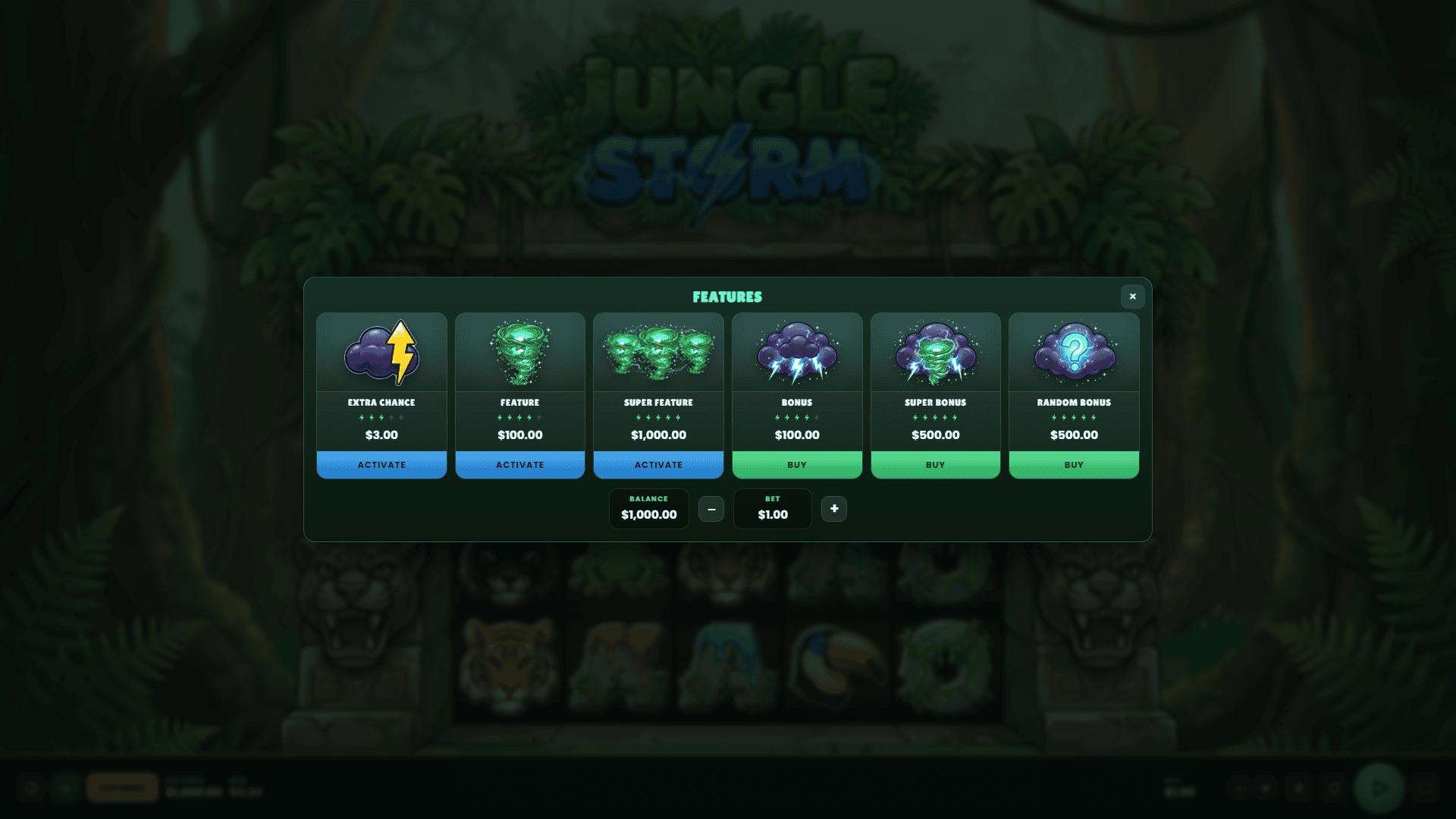 Jungle Storm bonus buy menu