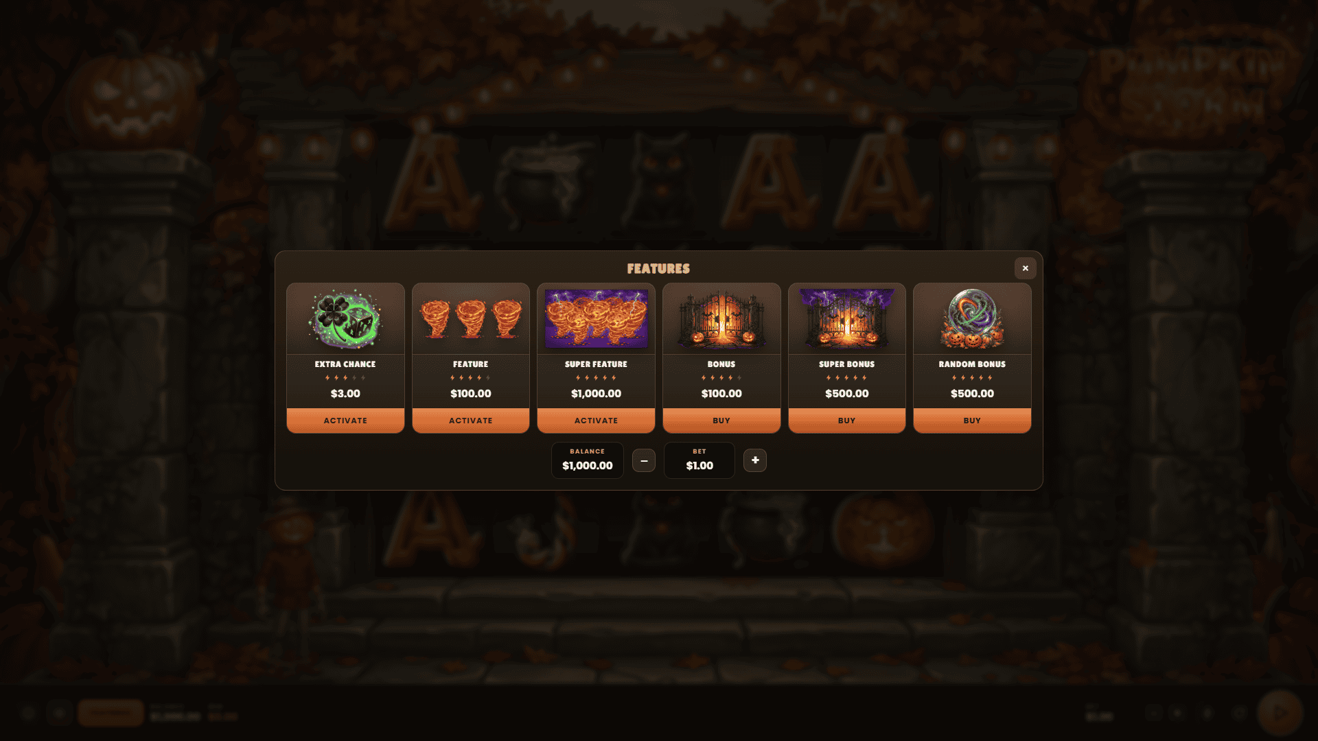 Pumpkin Storm bonus buy menu