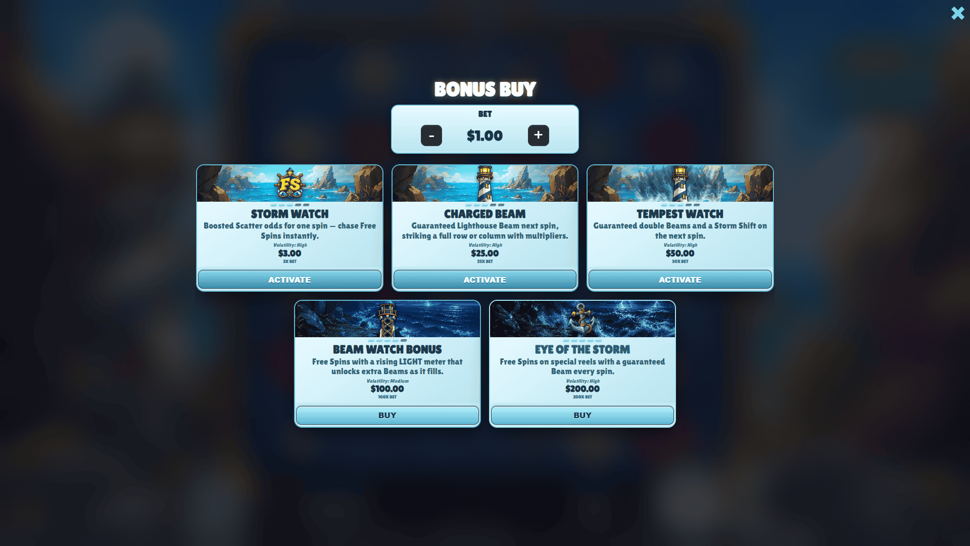 Beam Watch bonus buy menu