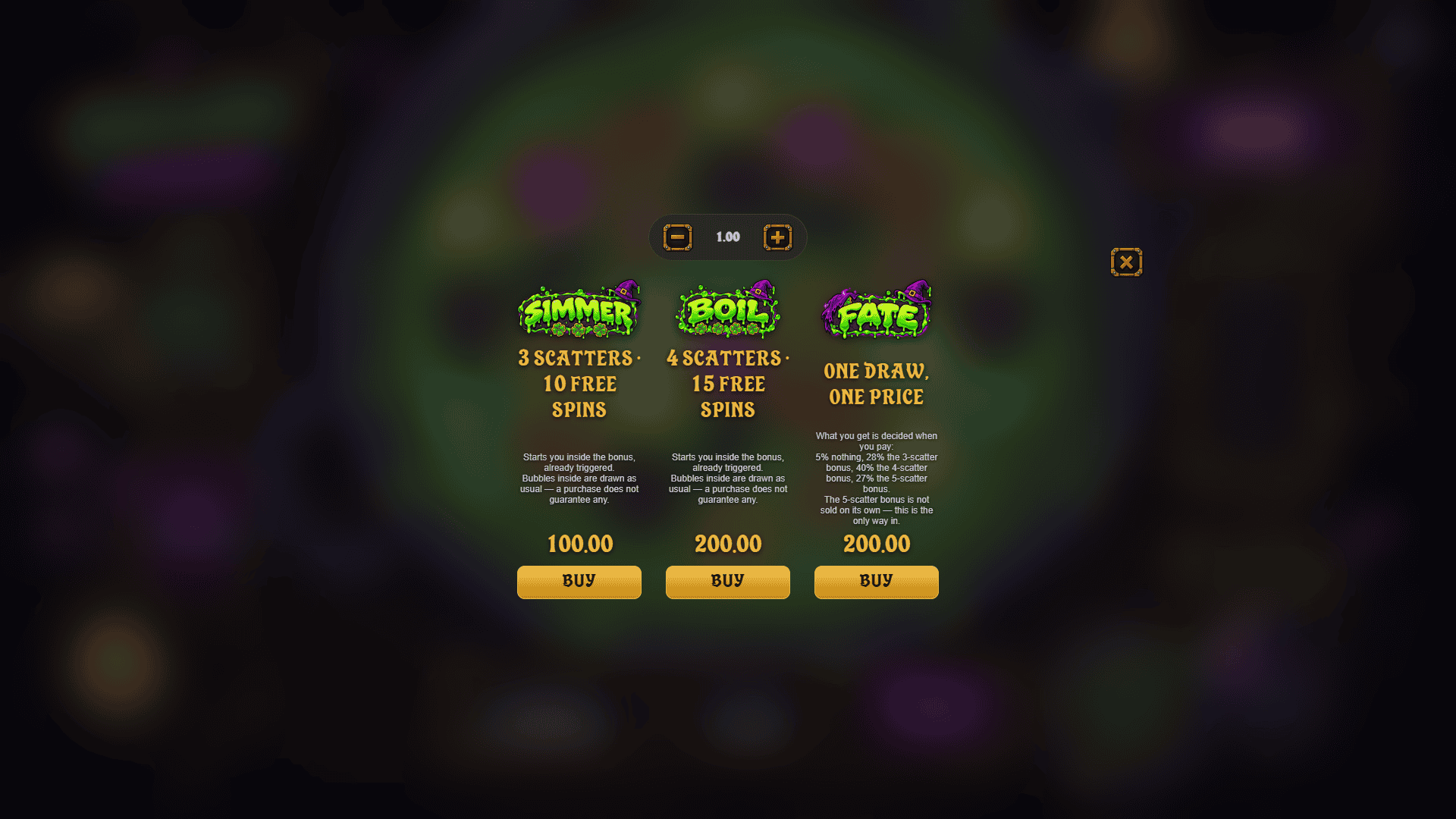 Cauldron Chaos bonus buy menu