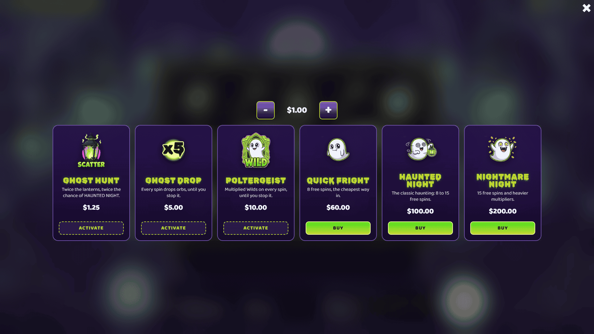Boo Manor bonus buy menu