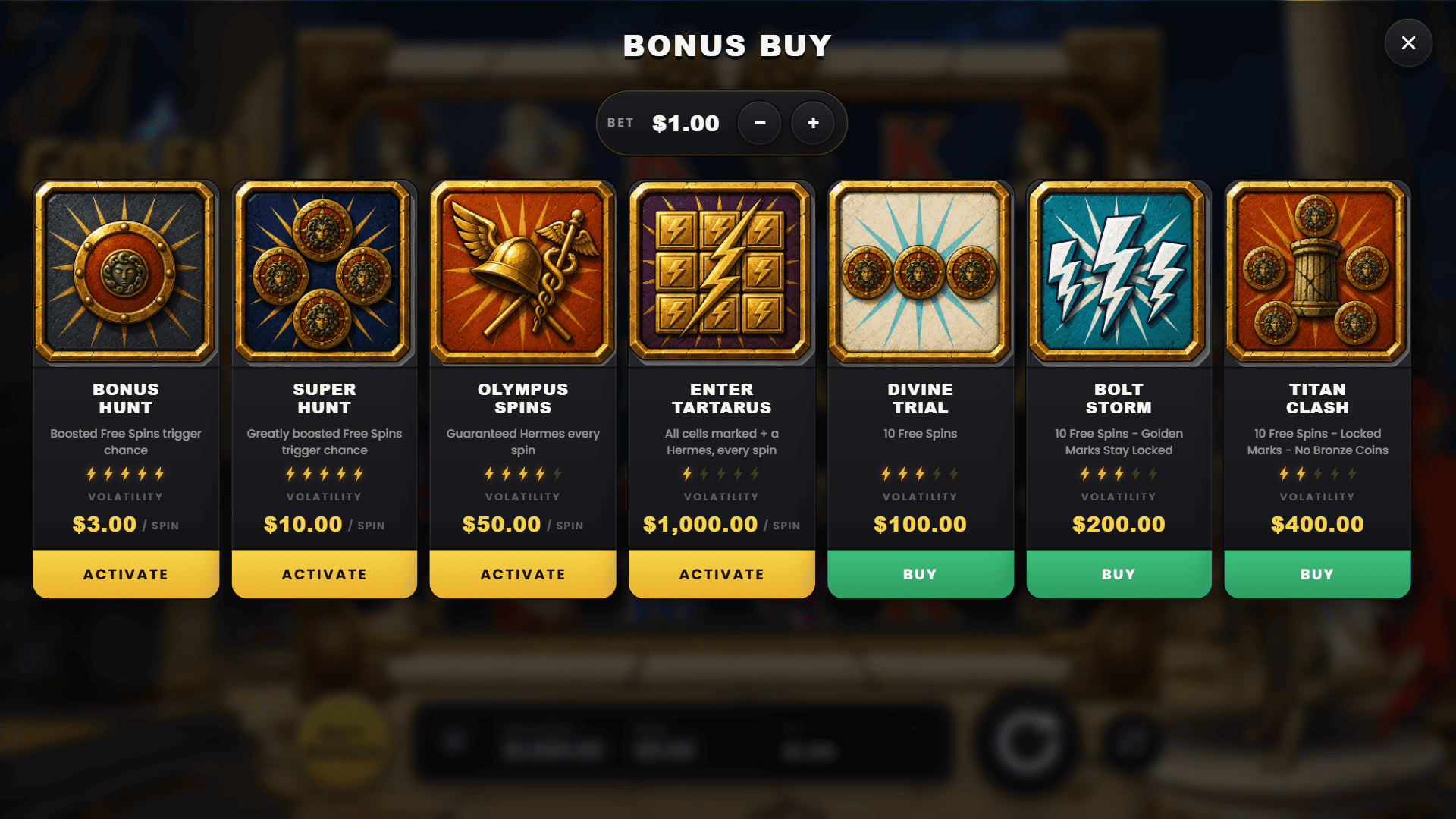 Godsfall bonus buy menu