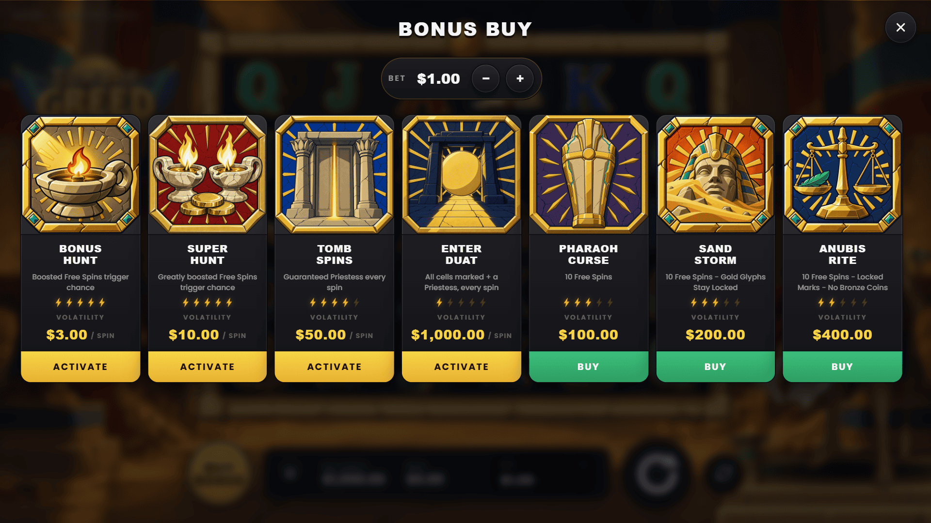 Tomb of Greed bonus buy menu