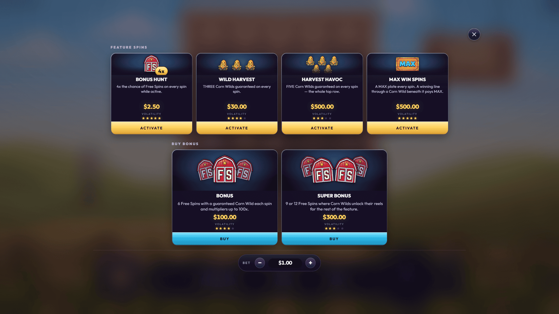 Corn Star bonus buy menu