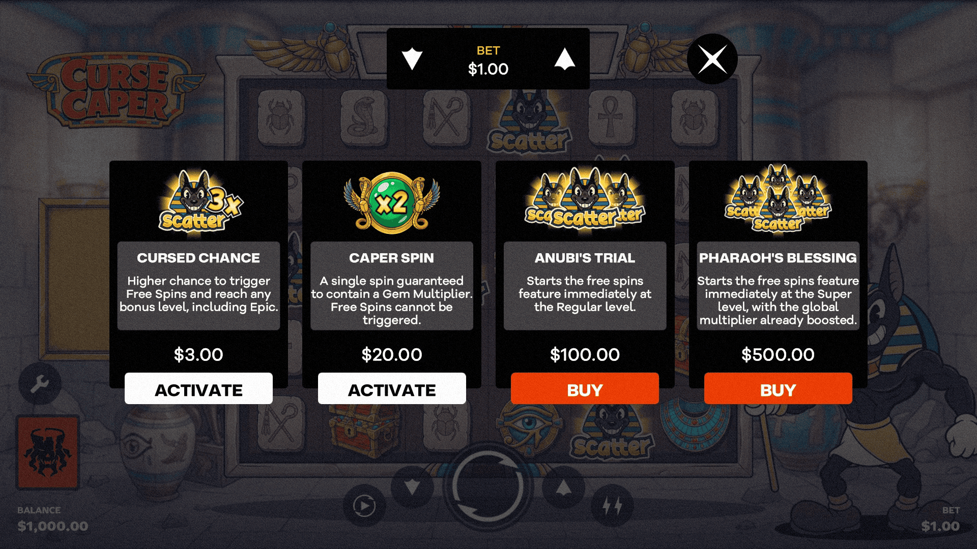 Curse Caper bonus buy menu
