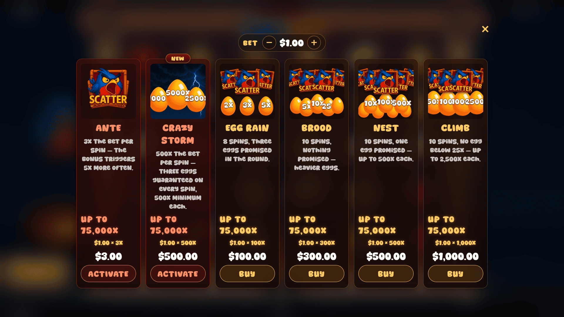 Angry Cocorito bonus buy menu