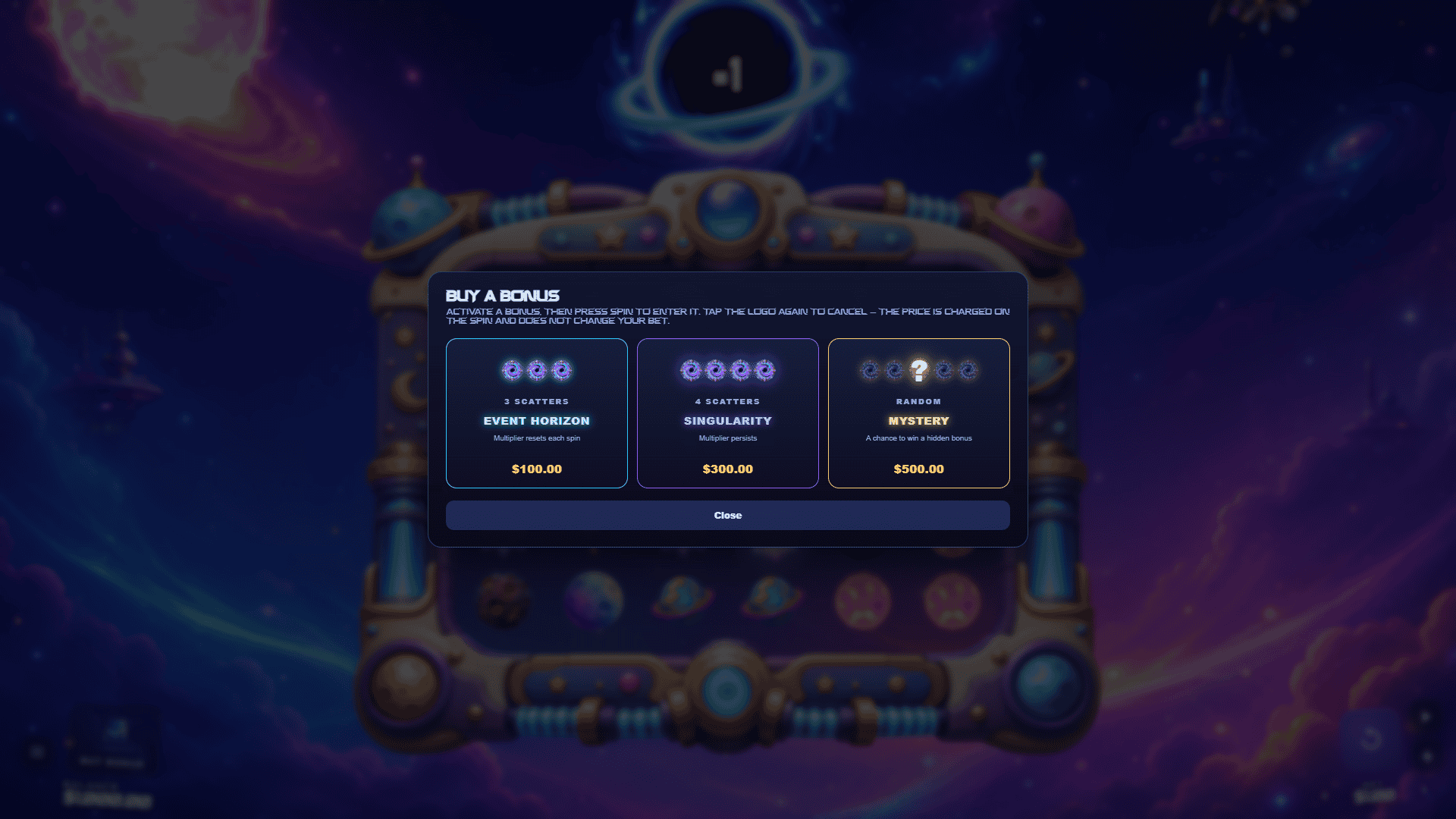 Black Hole Protocol bonus buy menu