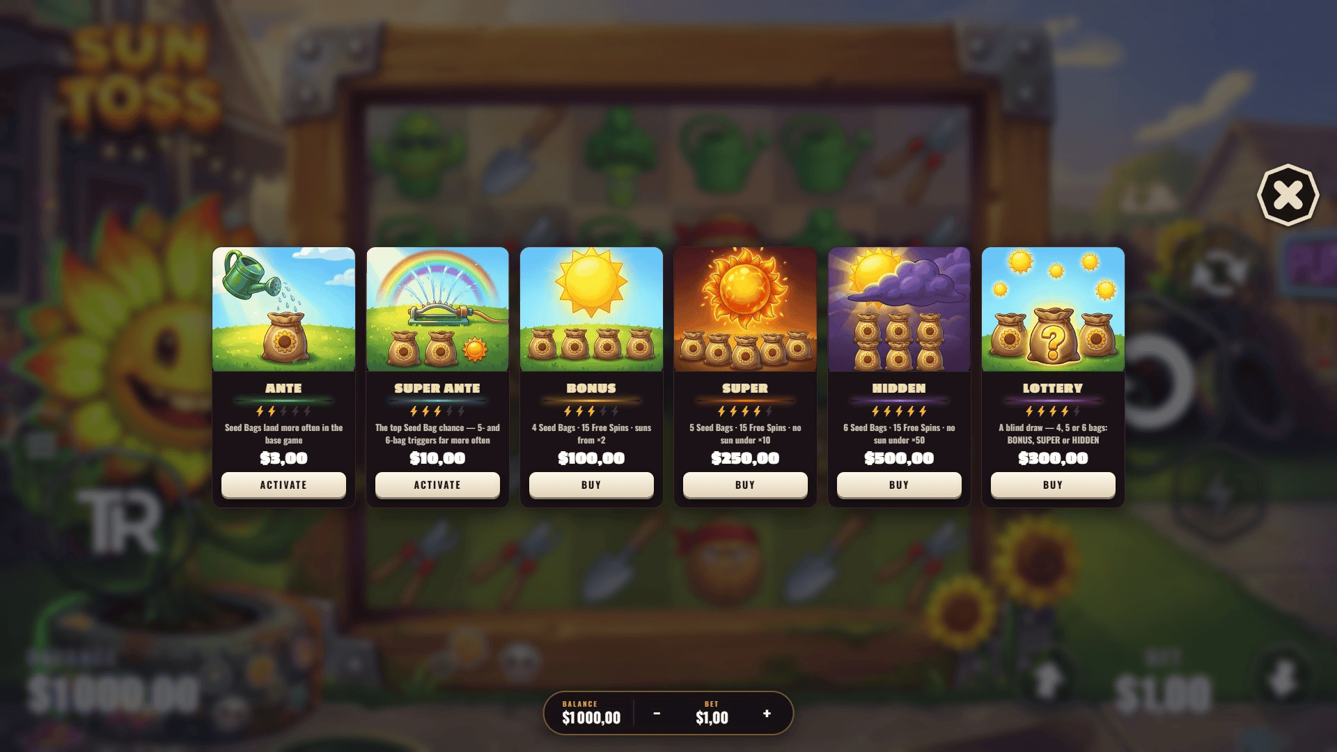 Sun Toss bonus buy menu