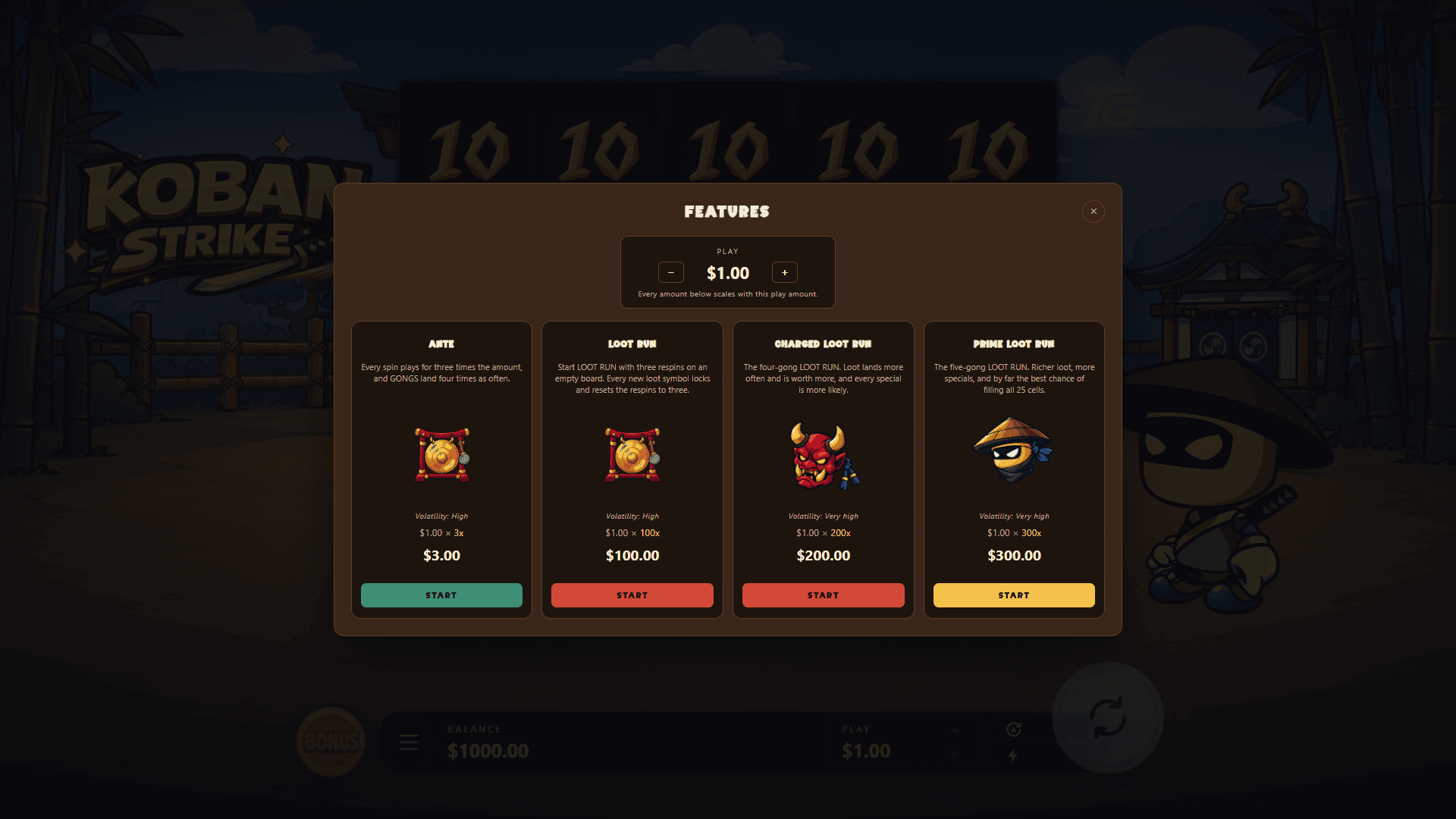 Koban Strike bonus buy menu