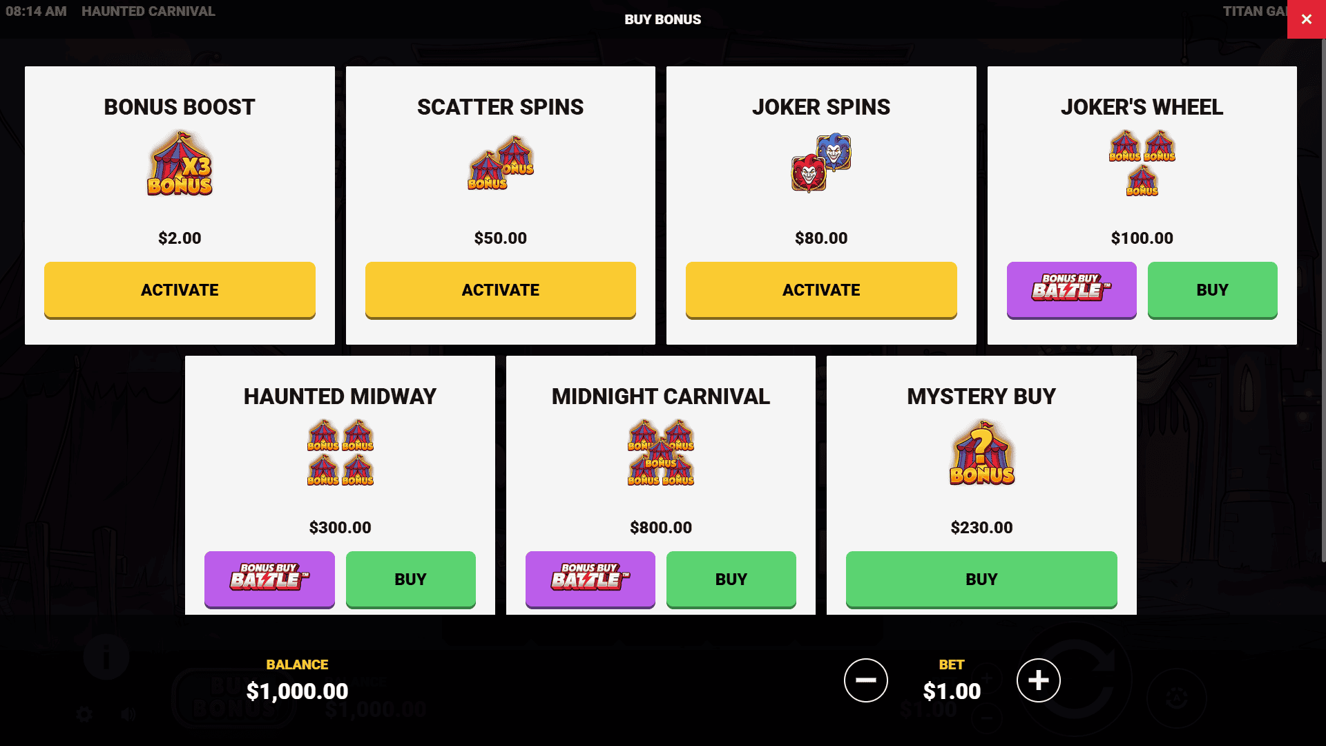 Haunted Carnival bonus buy menu