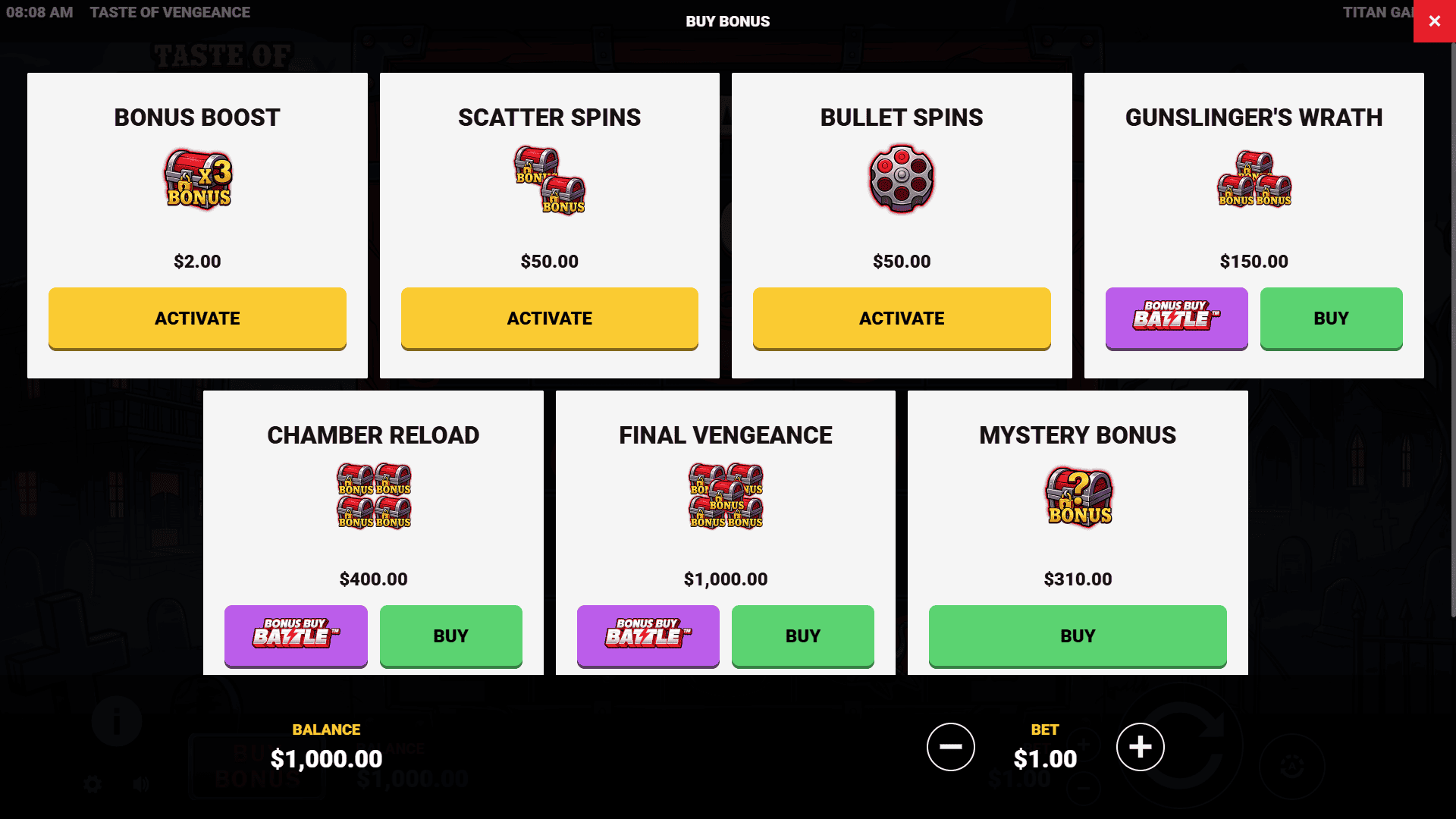 Taste of Vengeance bonus buy menu