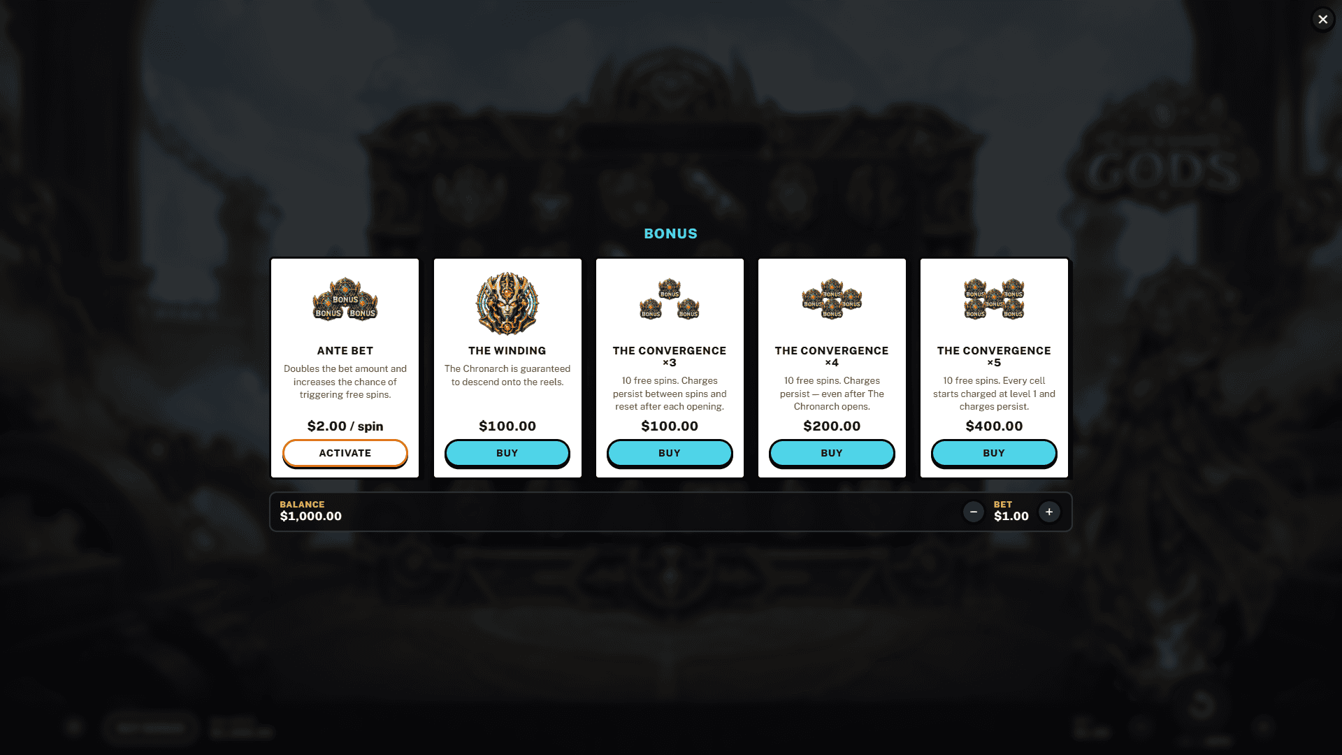 Clockwork Gods bonus buy menu
