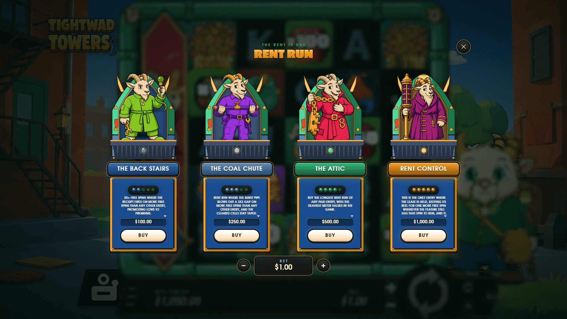 Tightwad Towers bonus buy menu