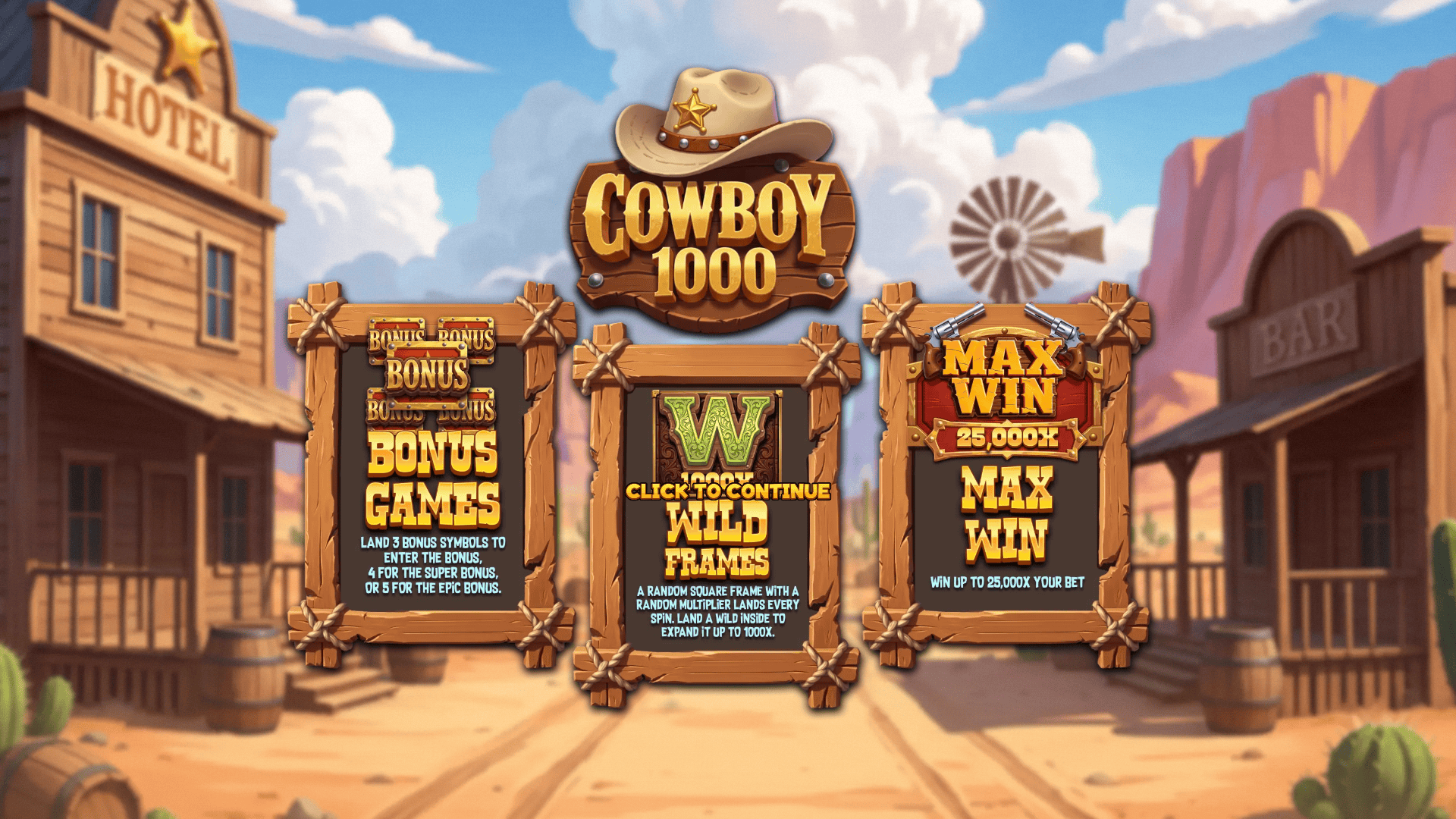 Cowboy 1000 slot intro screen